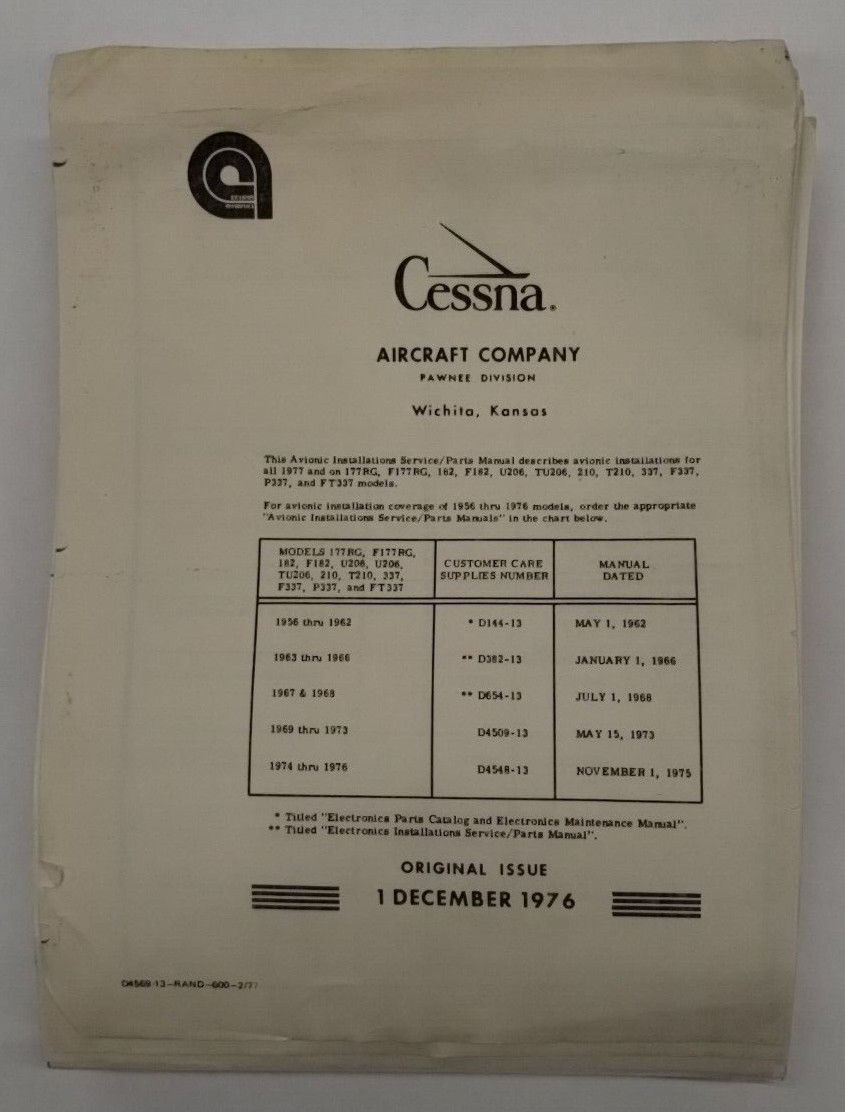 Cessna 1977 / 177RG Thru FT337G Avionics Illustrated Parts Catalog-Copy