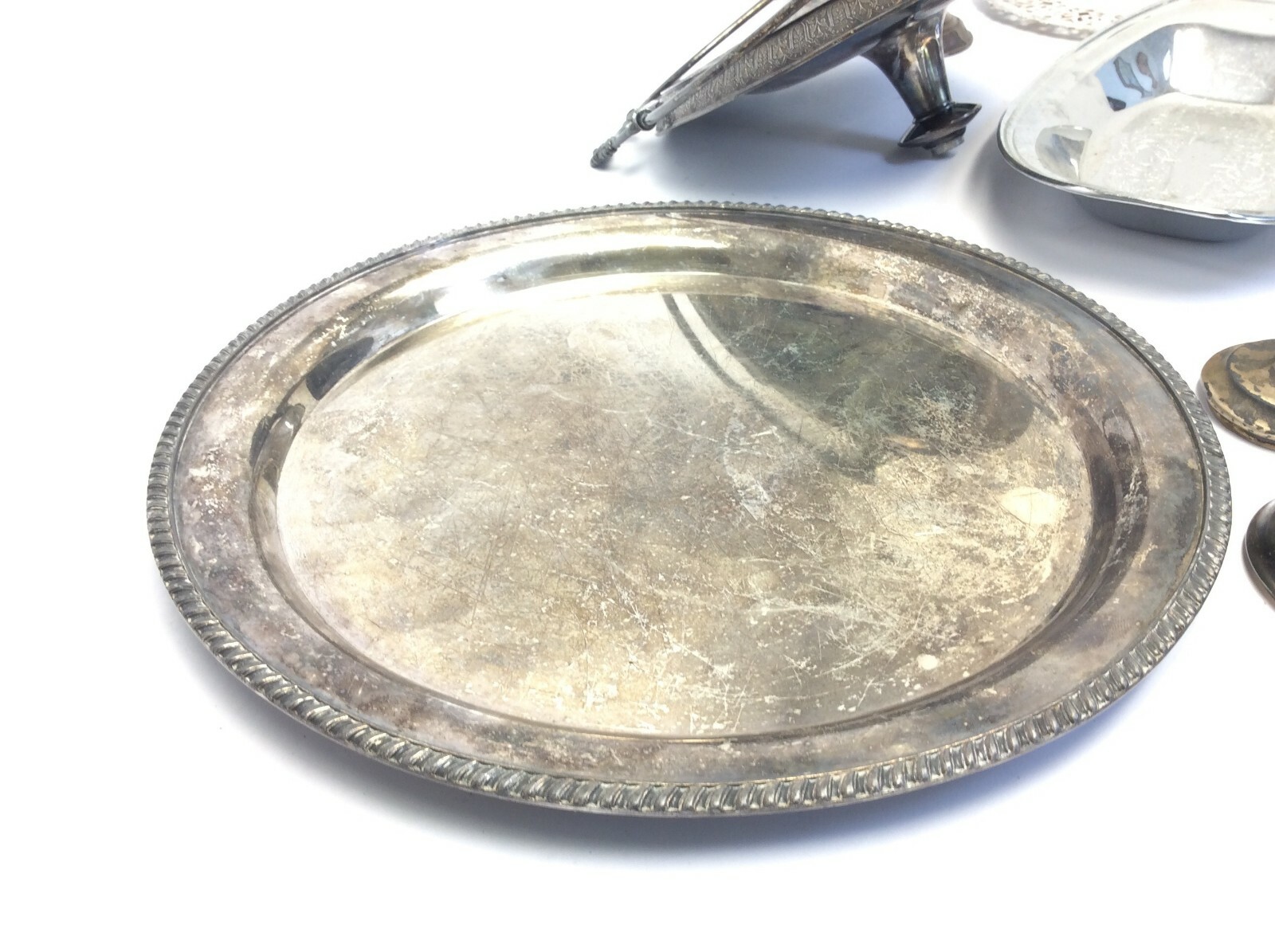 Mixed Vintage Lot Used Metal Silverplate Pewter Trays Pitcher Platters Parts