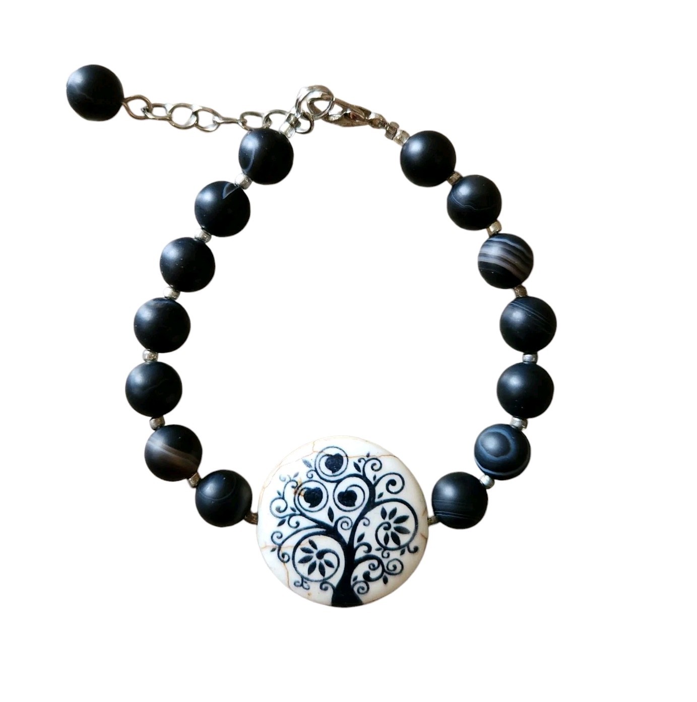 Black Agate Stone Pendant Bracelet Tree Of Life Beaded Artisan Handmade 7"