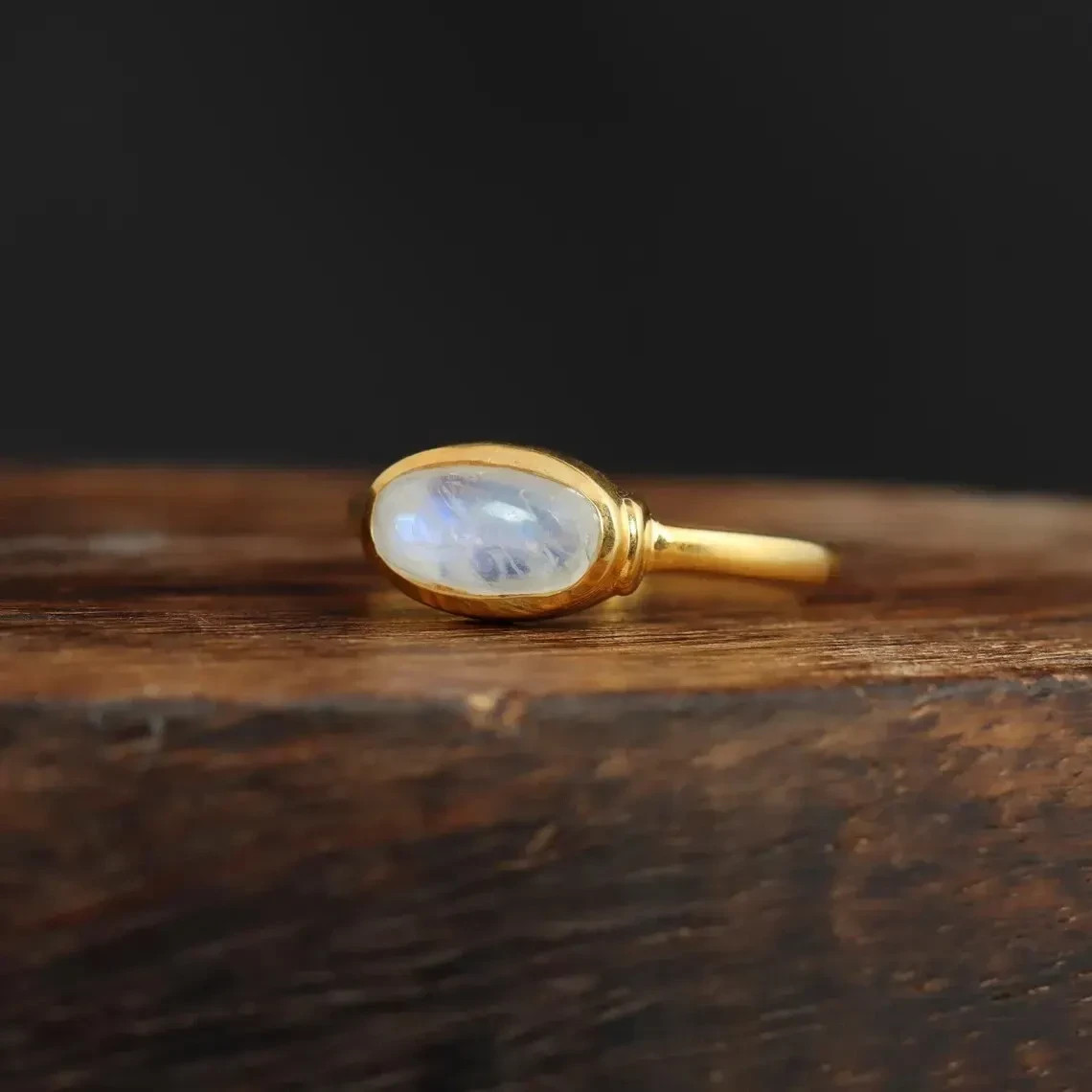 Rainbow Oval Moonstone Ring 925 Sterling Silver Gold Vermeil Engagement Ring