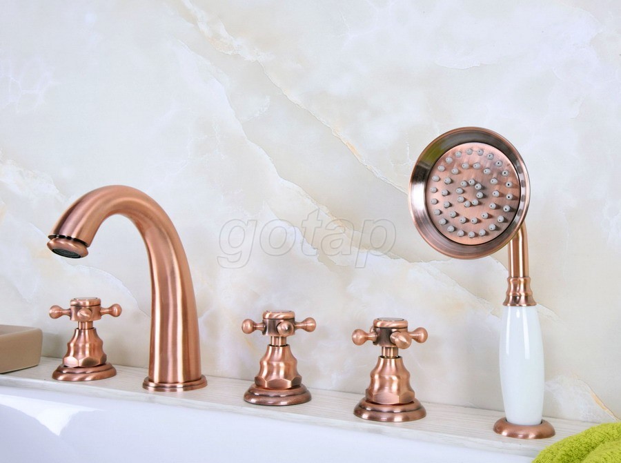 Antique Red Copper Bathtub Shower Tap 5 Holes Widespread Roman Tub Filler Faucet
