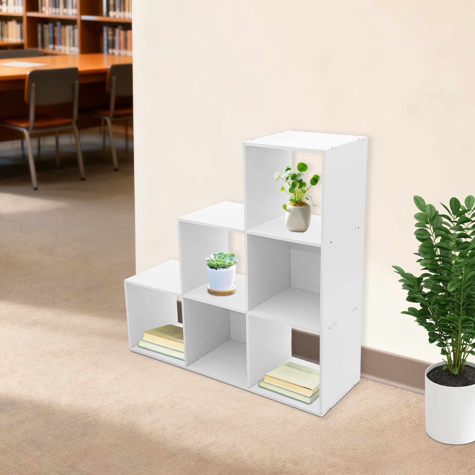 L-Shaped Storage Bookcase 6-cube Stepped Corner Shelf Book Rack for Home/Office