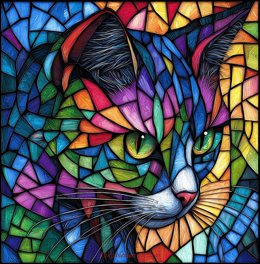 Stained Glass Cat - Counted Cross Stitch Patterns - Color & BW Symbols
