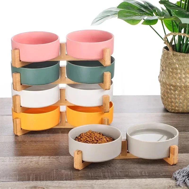 Ceramic Pet Bowl Dish with Wood Stand No Spill Pet Ceramic Double Bowl Pet Bowl