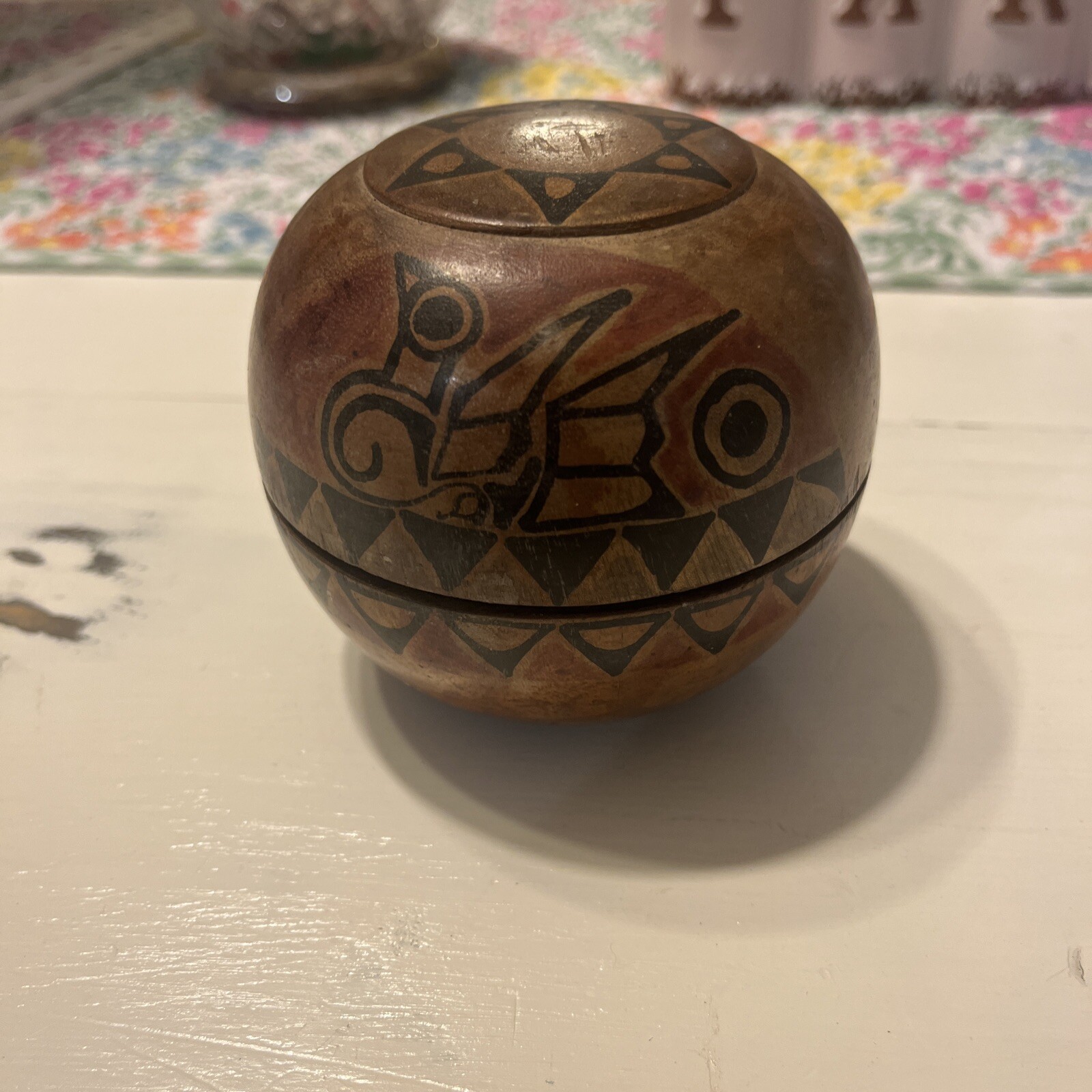 Aztec trinket box brown wood with Burt designs