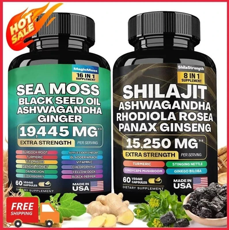 Sea Moss & Shilajit-Black Seed Oil, Turmeric, Ashwagandha, Ginger, Vitamin D-US