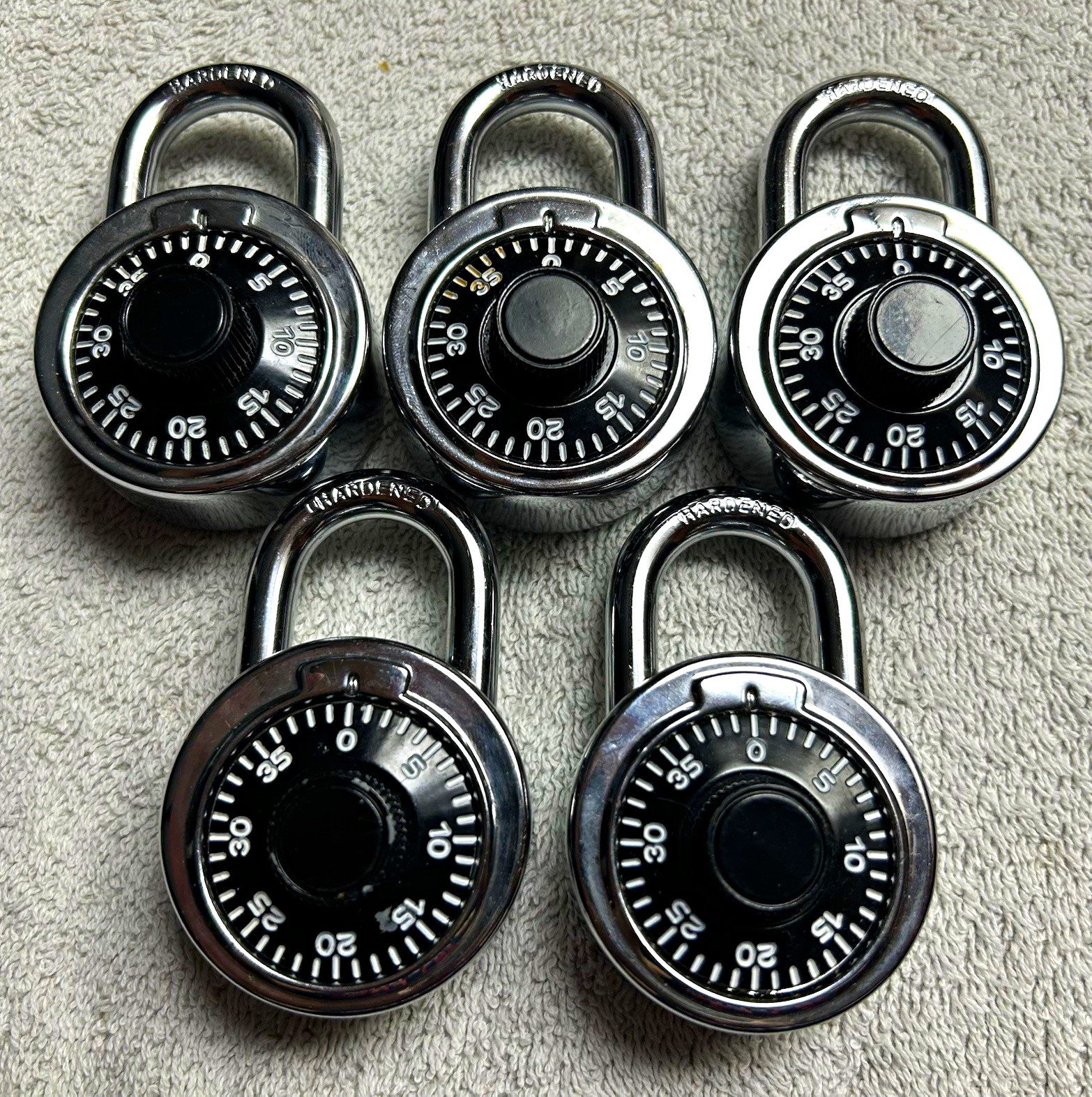 Lot of 5 Dial Combination Padlocks Steel Body/Shackle 3/16in 1-1/4in