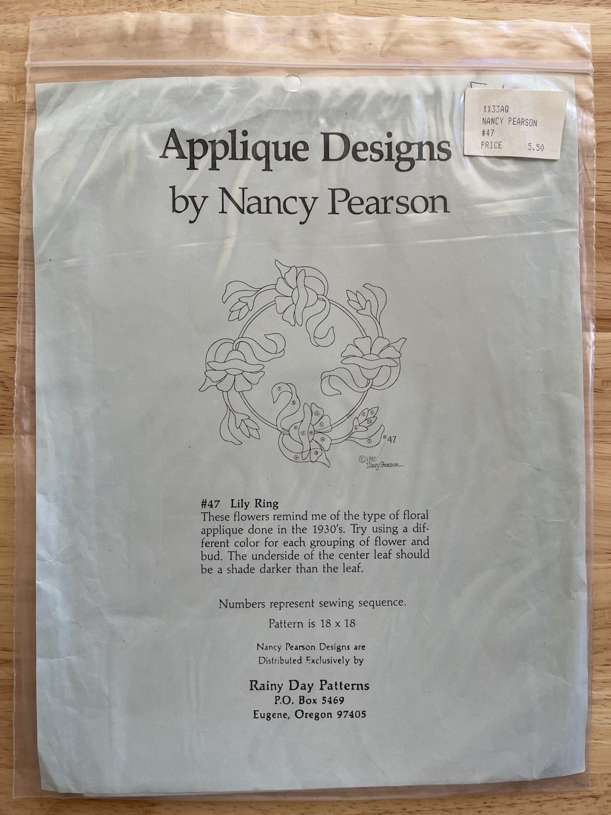 Nancy Pearson Lily Ring #47 Appliqué Quilt Pattern 18”x18”