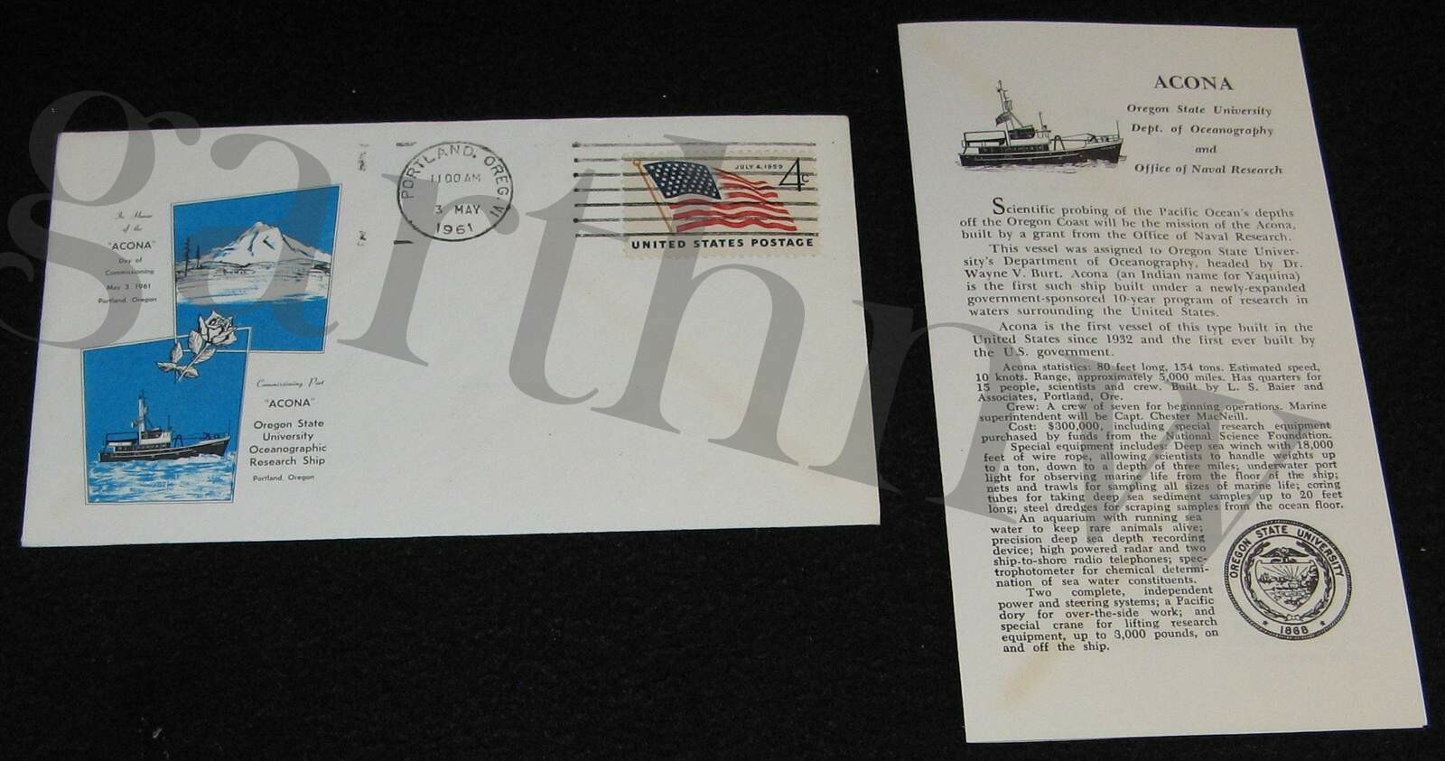 ACONA 1961 COMMISSIONING CACHET & COVER SOUVENIR OCEANOGRAPHY SHIP OREGON STATE