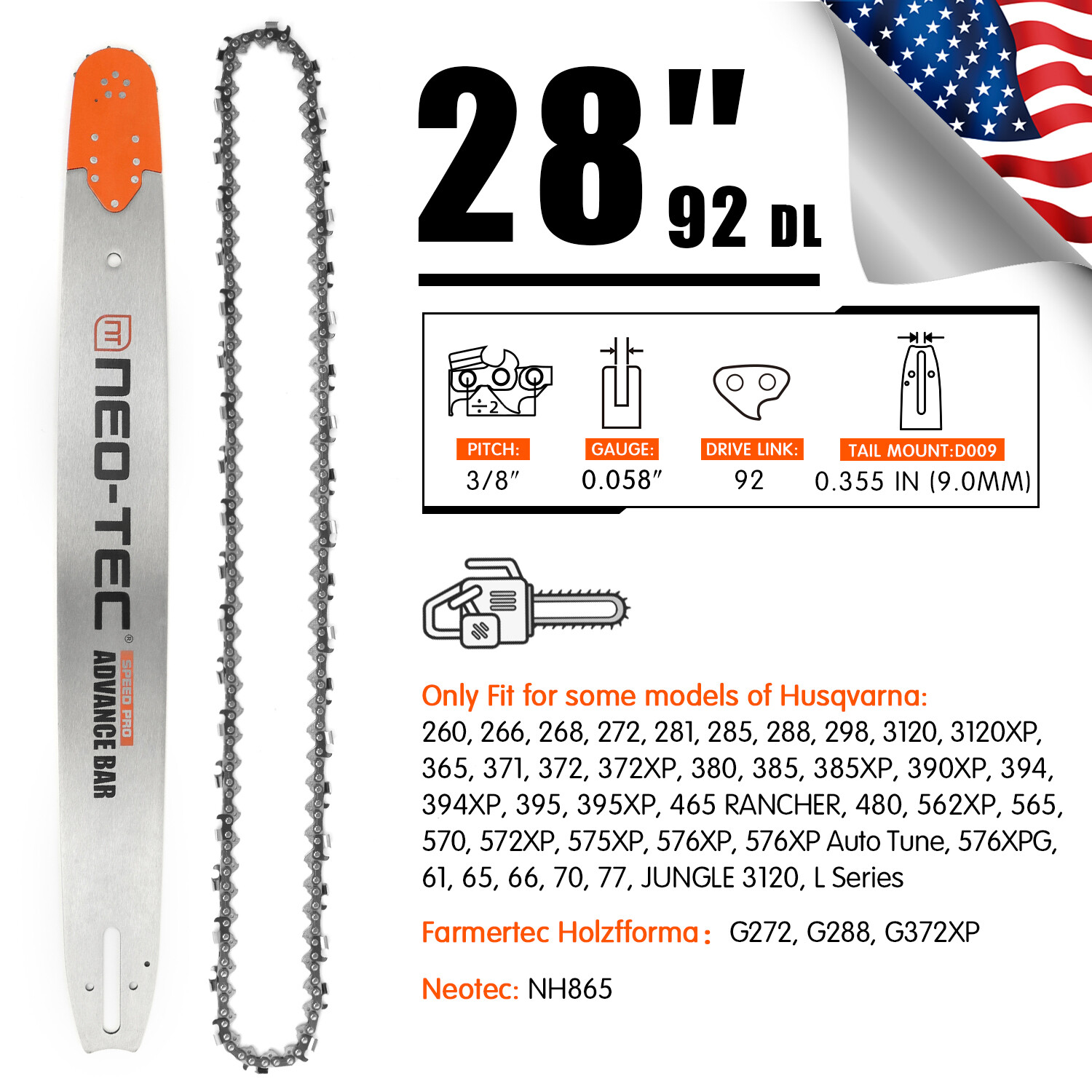 28" Chainsaw Guide Bar Chain 3/8'' 0.058" 92DL For Husqvarna 288 372XP 394 395XP