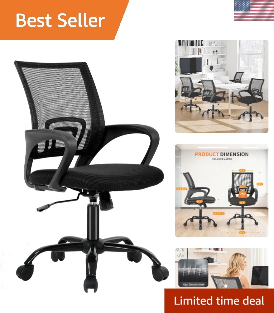Compact Ergonomic Office Chair - Adjustable Height, Rolling Desk Chair in Black