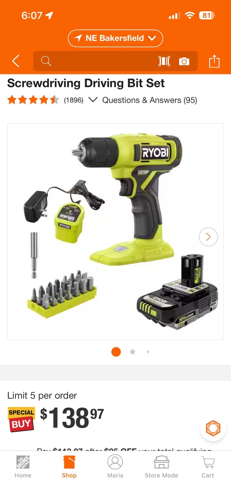 Ryobi ONE+ PCL201 18V Drill/Driver Kit 2.0Ah Battery, Charger, 28-Bit Set