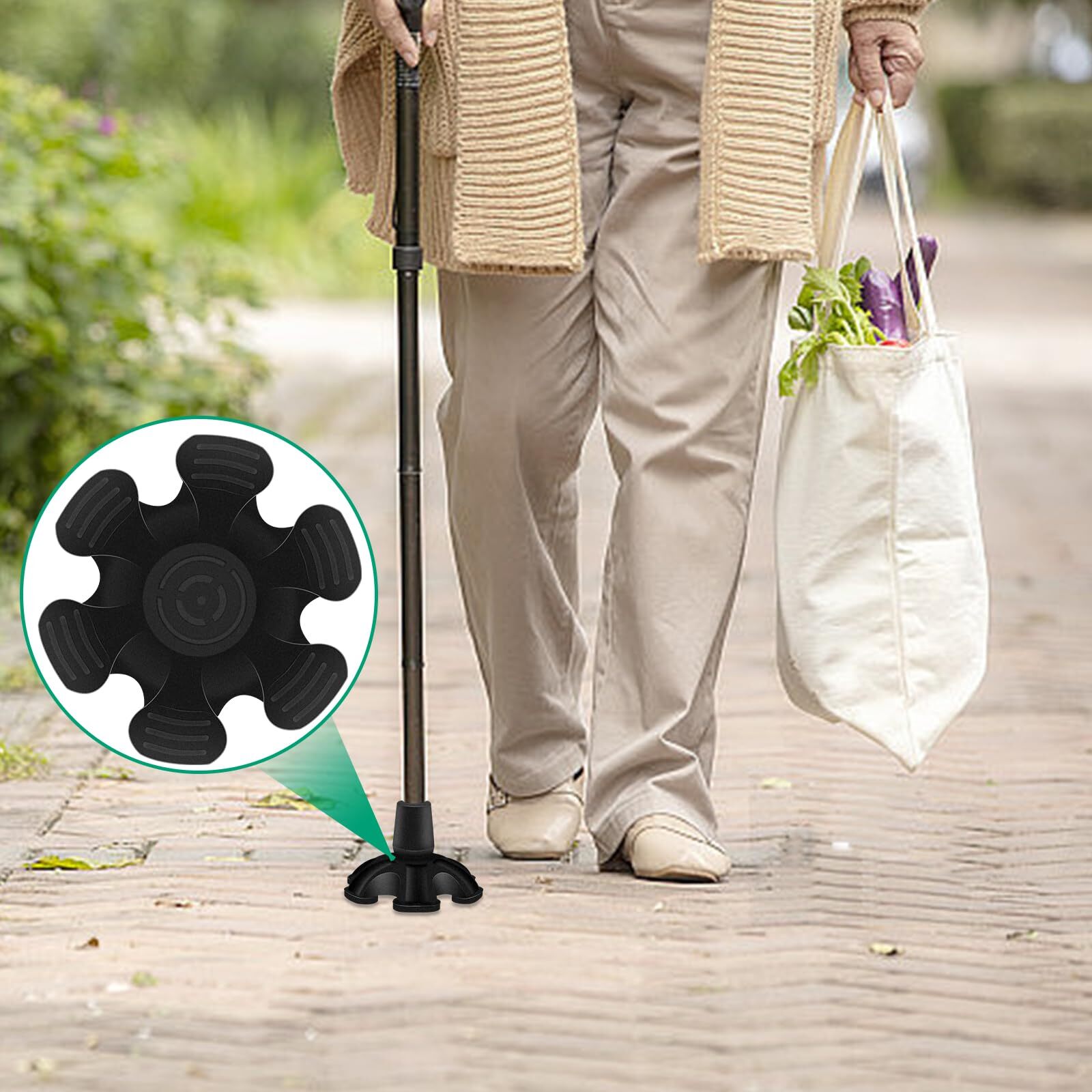 Heavy Duty Rubber Cane Tip 6 Support Feet 3/4 inch Self Standing Walking