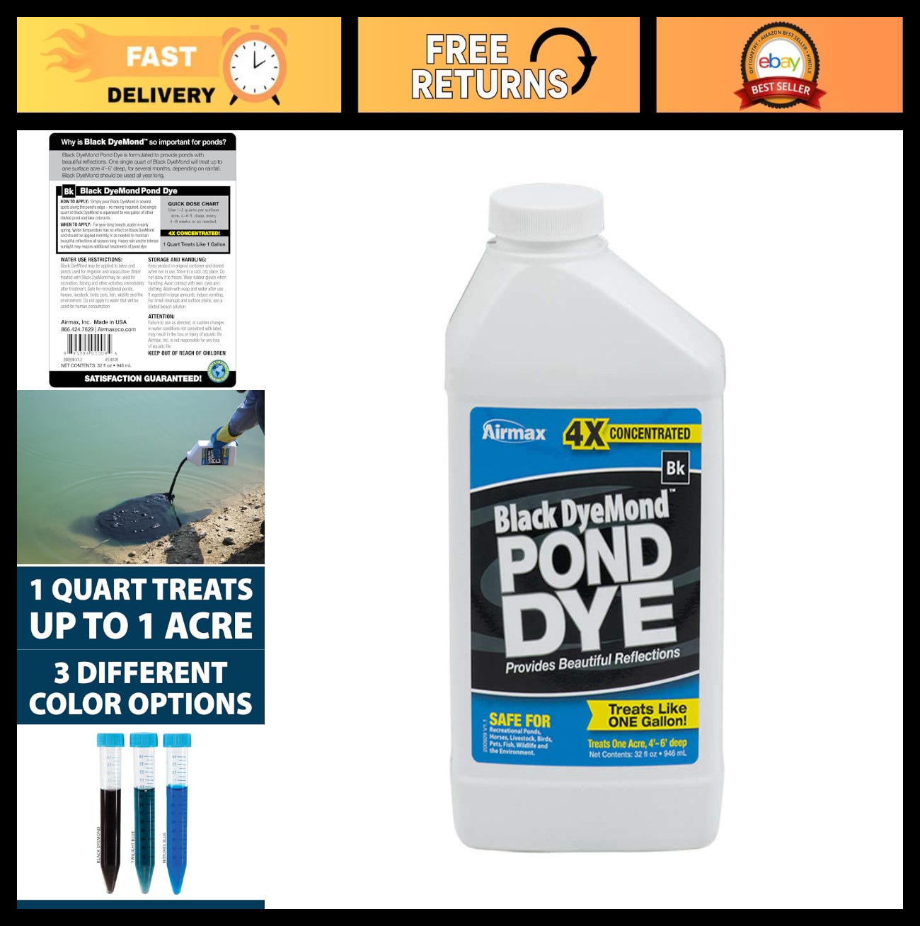 4X Concentrate Black Pond Dye for Outdoor Ponds & Lakes - Natural Colorant, Safe