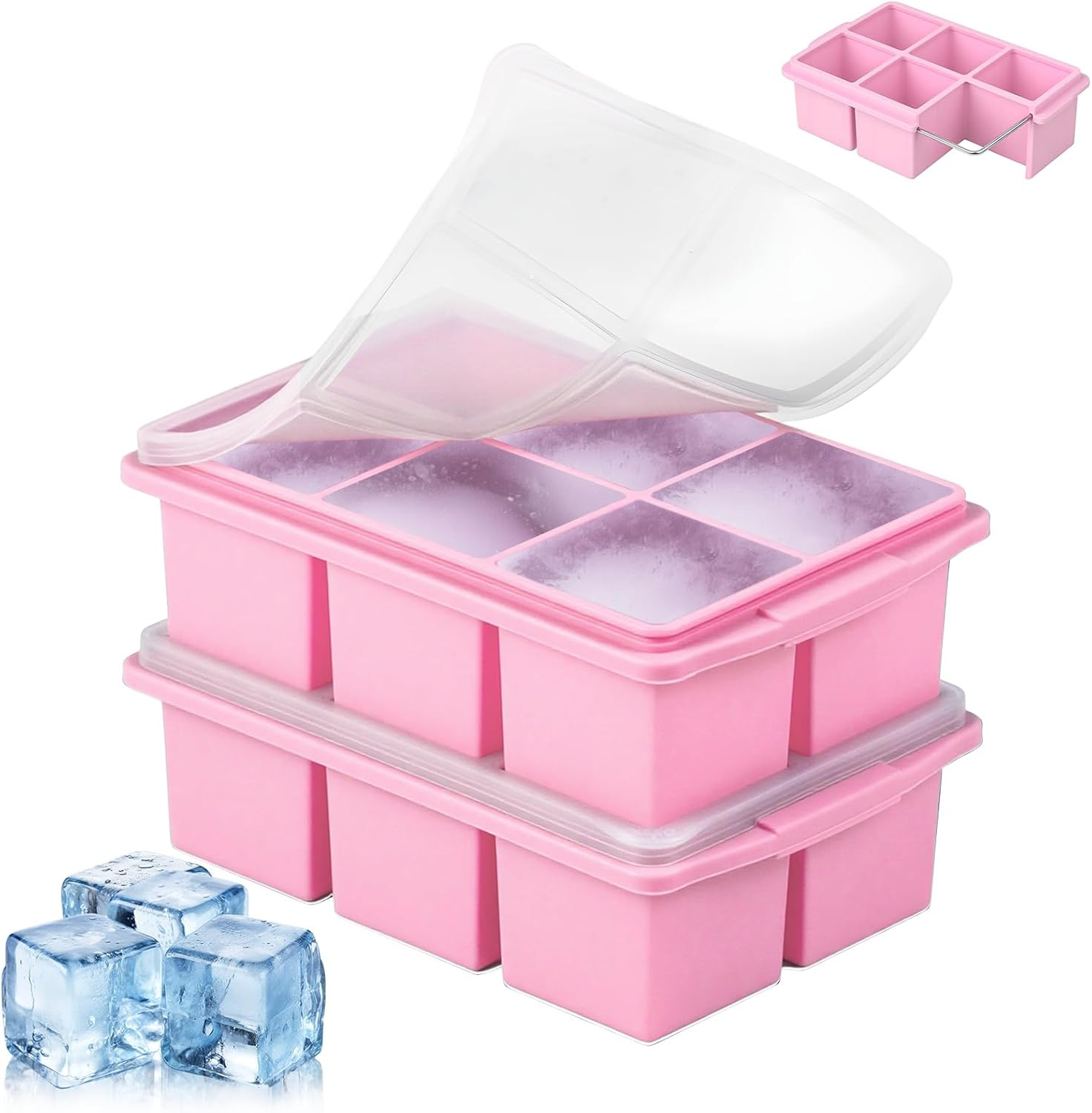 Large Ice Cube Trays for Whiskey (2 Pack) - Silicone Ice Cube Molds with Steel F