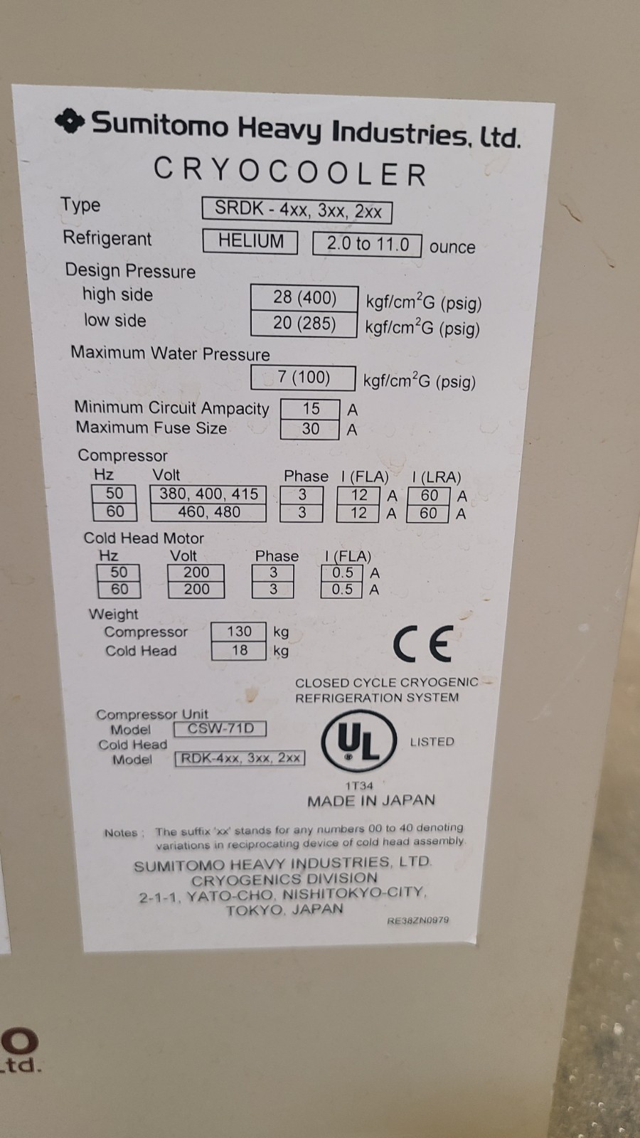 Sumitomo Cryo Compressor CSW-71D Cooler SRDK Helium