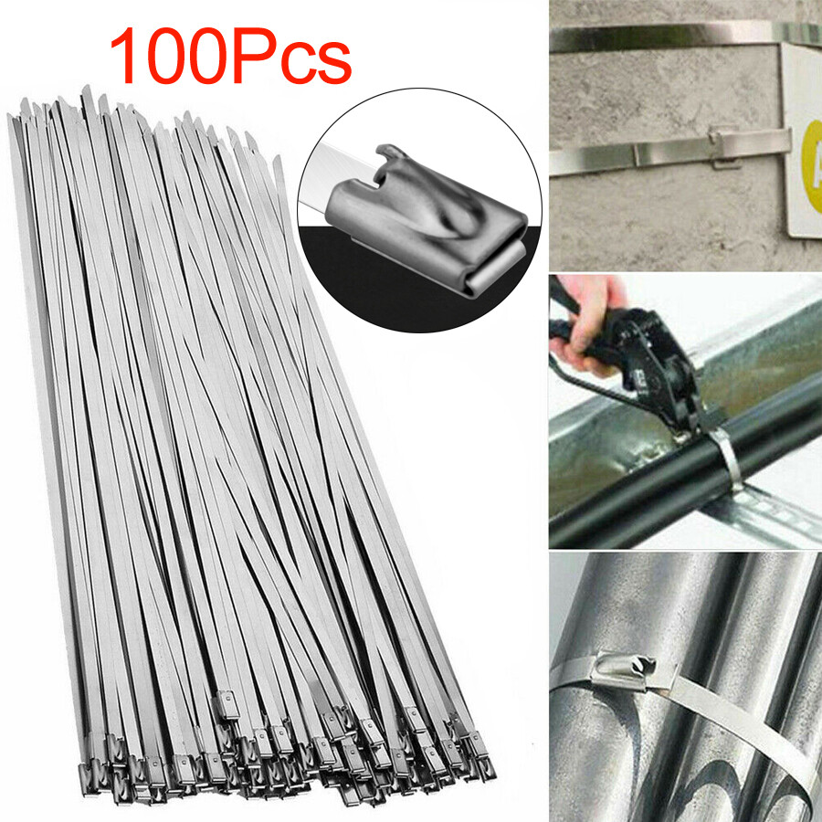 100Pcs Metal 150mm Zip Cable Ties Stainless Steel Heavy Duty Self-Locking Ties