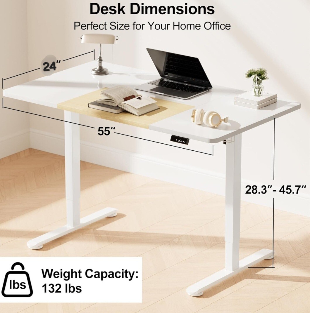 AMADA Electric Standing Desk Adjustable Height up to 46", 55 " wide Light Maple
