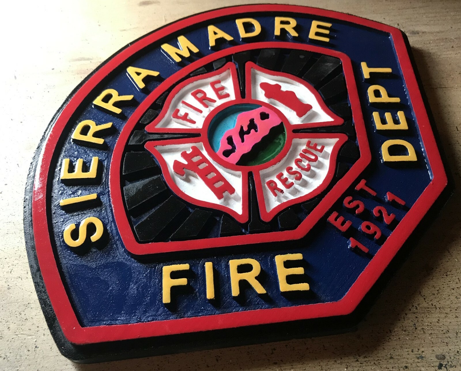 Fire Department Sierra Madre 3D routed wood patch plaque sign Custom Carved