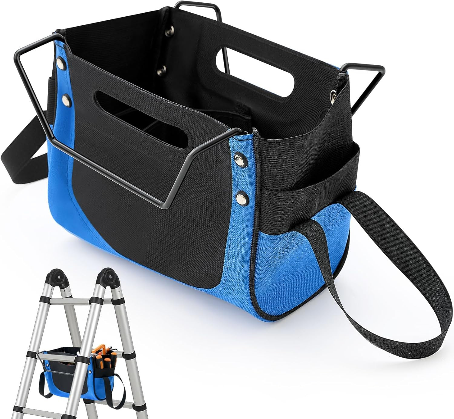 Upgraded Ladder Tool Holder Bag with Metal Frame and Pockets, Blue | Elastic Sto