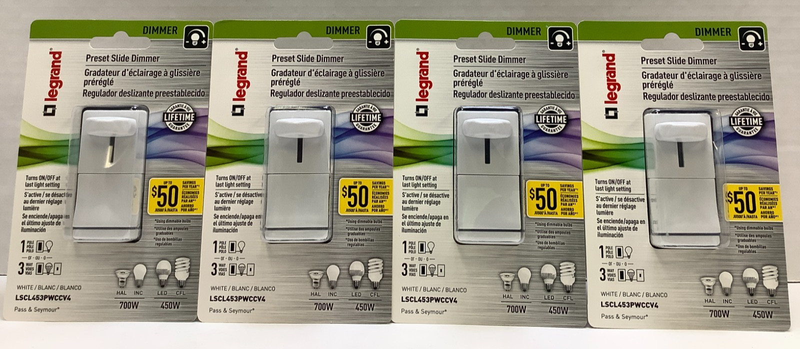 Legrand LSCL453PWCCV4 Single-Pole/3-Way Preset Slide Dimmer, White, Pack of 4