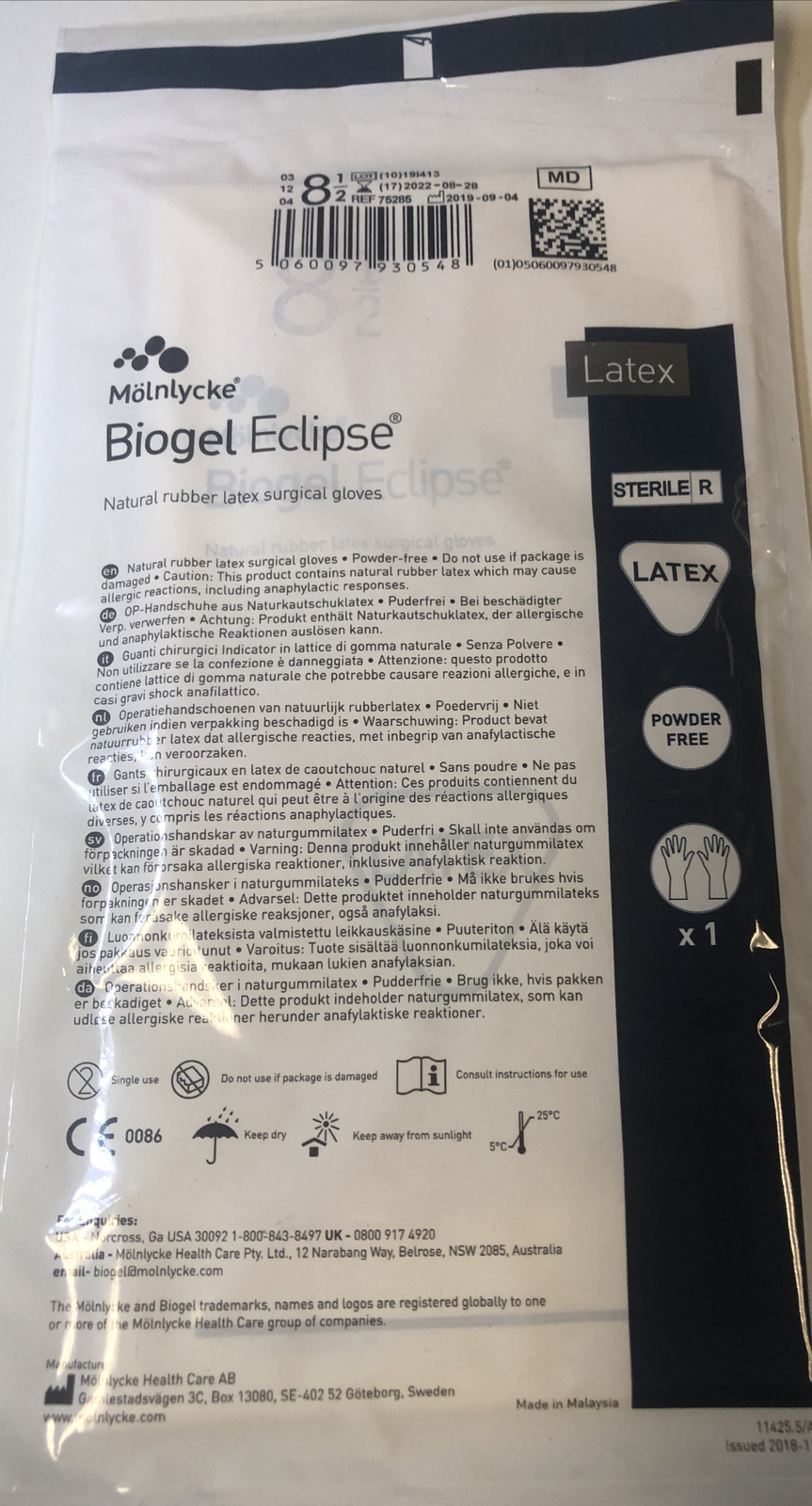 10 Pairs Molnlycke Biogel Eclipse Latex Powder free Size 8.5