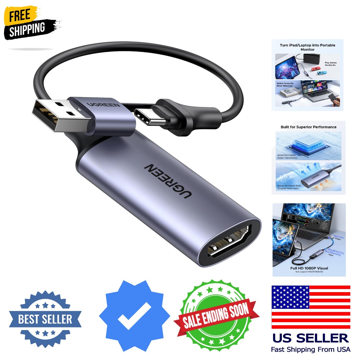 Full HD 1080P Capture Card 4K HDMI to USB 2.0 HDMI Video Capture Card USB-A/U...