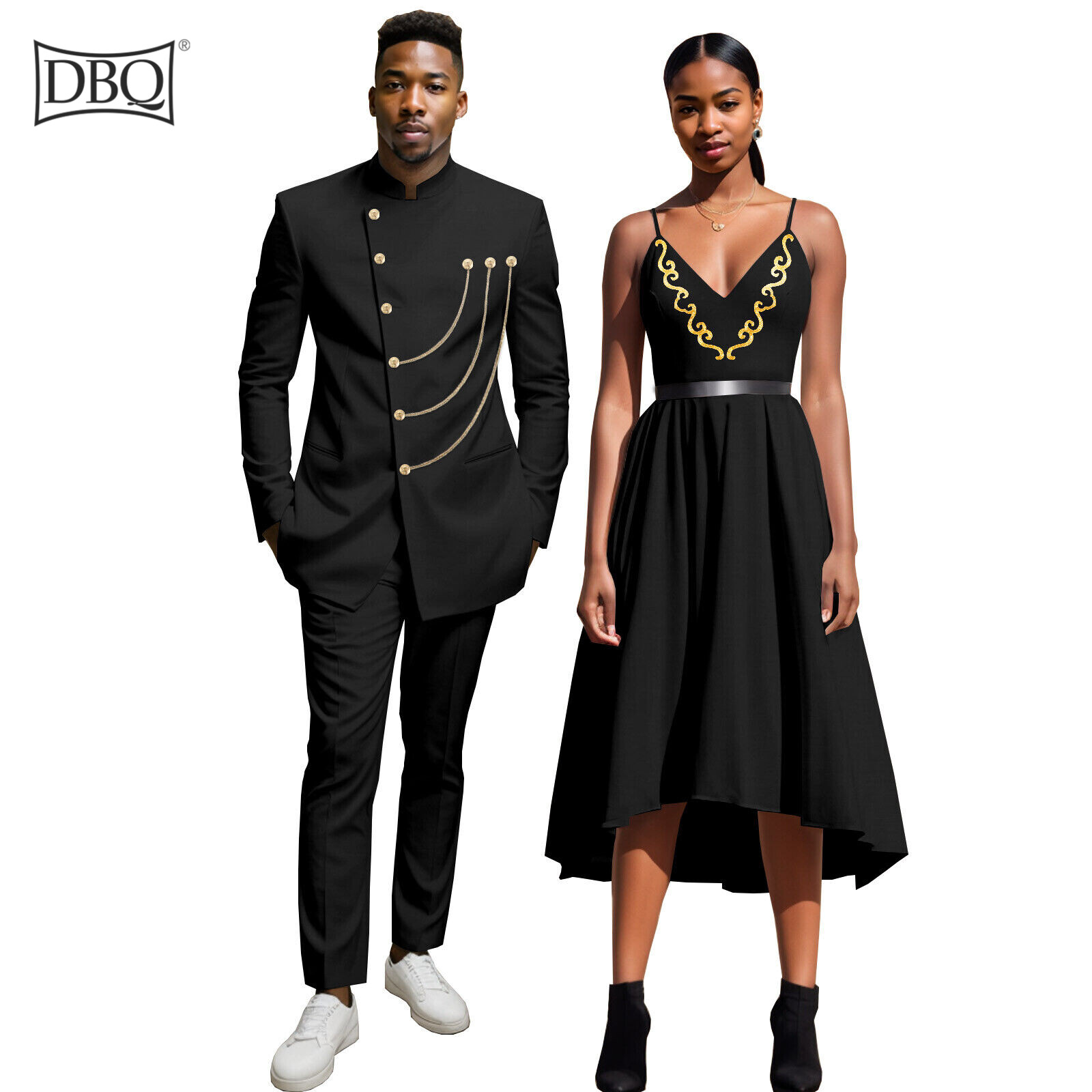 African Clothes for Couple Gold Chain Men`s Business Suit and Women‘s Midi Dress