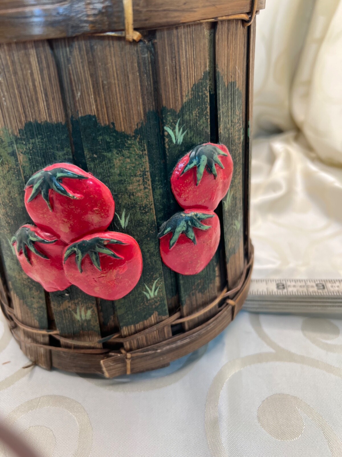 Vintage basket with tall handle hand painted tomatoes