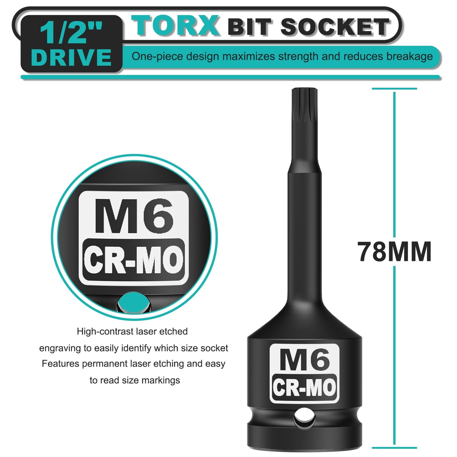 1/2" Drive M6 XZN Bit Socket, Triple Square Spline Bit Socket, CR-MO, Profess...