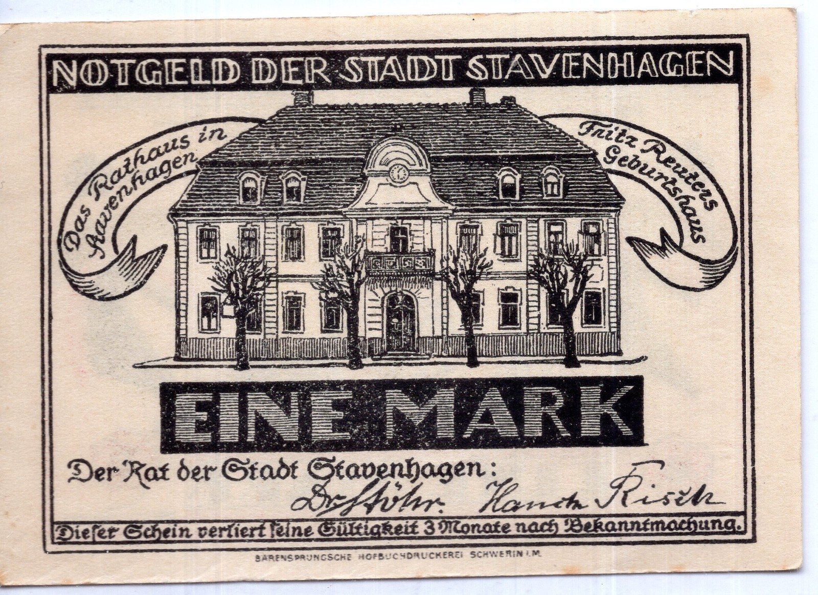 1921 Germany Stavenhagen Notgeld 1 Mark Note (NG30)