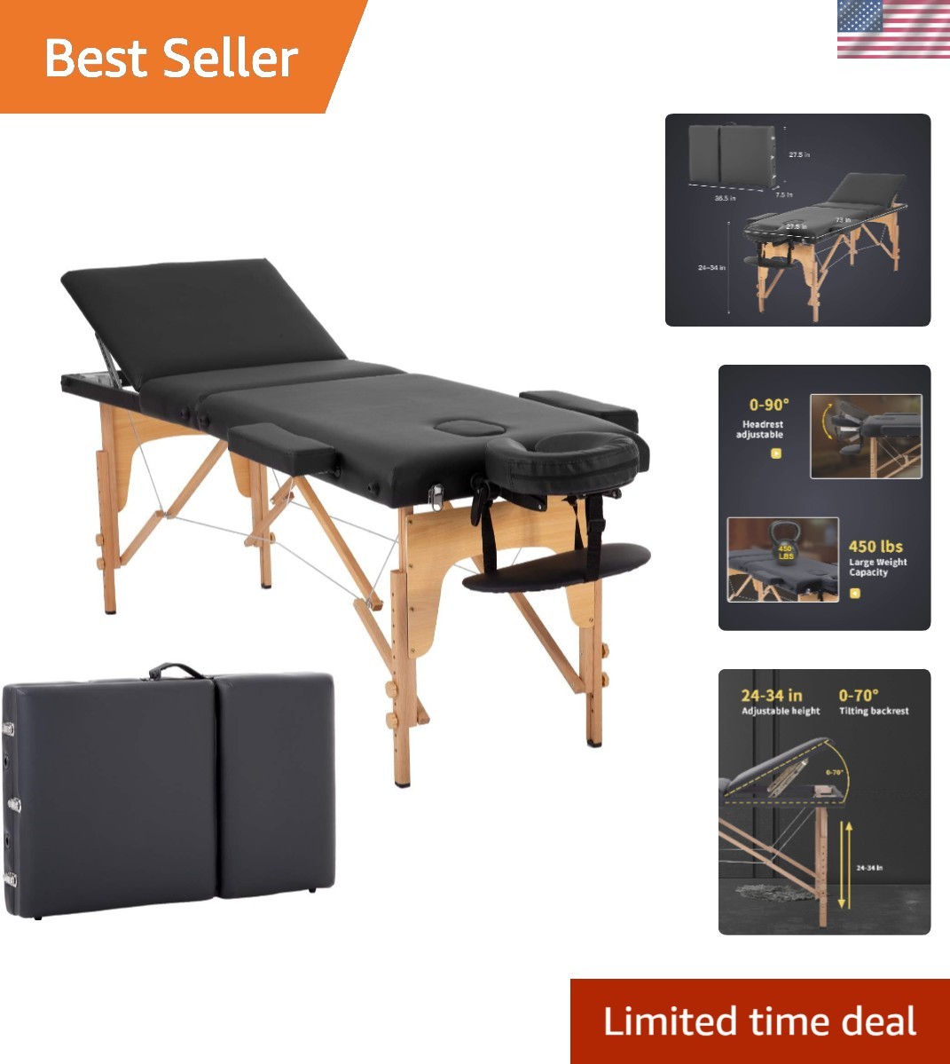 Compact Spa Massage Bed with Tool-Free Setup -  24" Wide Adjustable Table