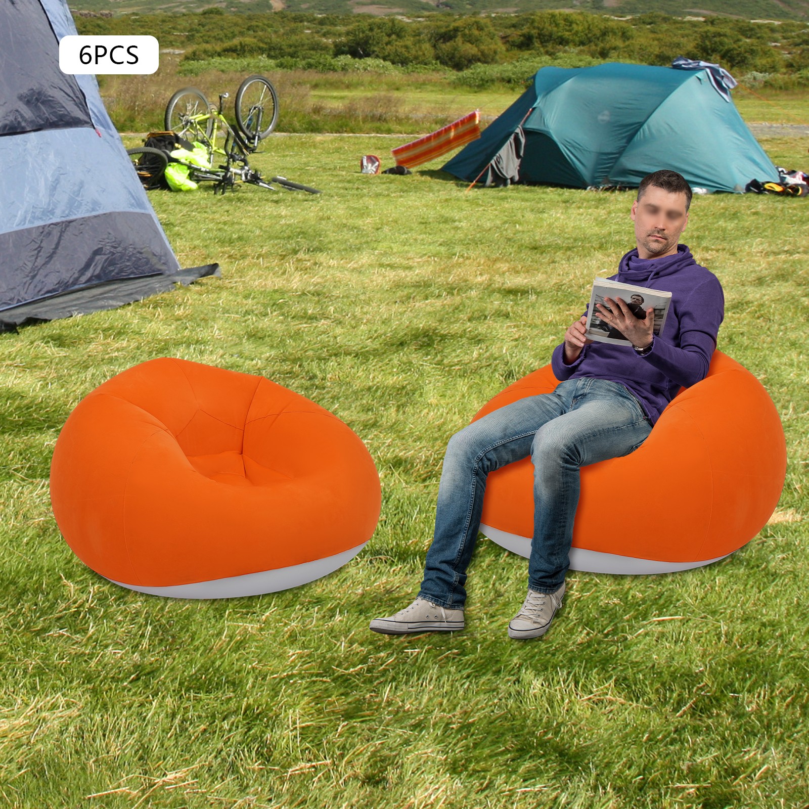 6 Pcs Inflatable Chairs Inflatable Sofa, Portable Inflatable Couch Orange