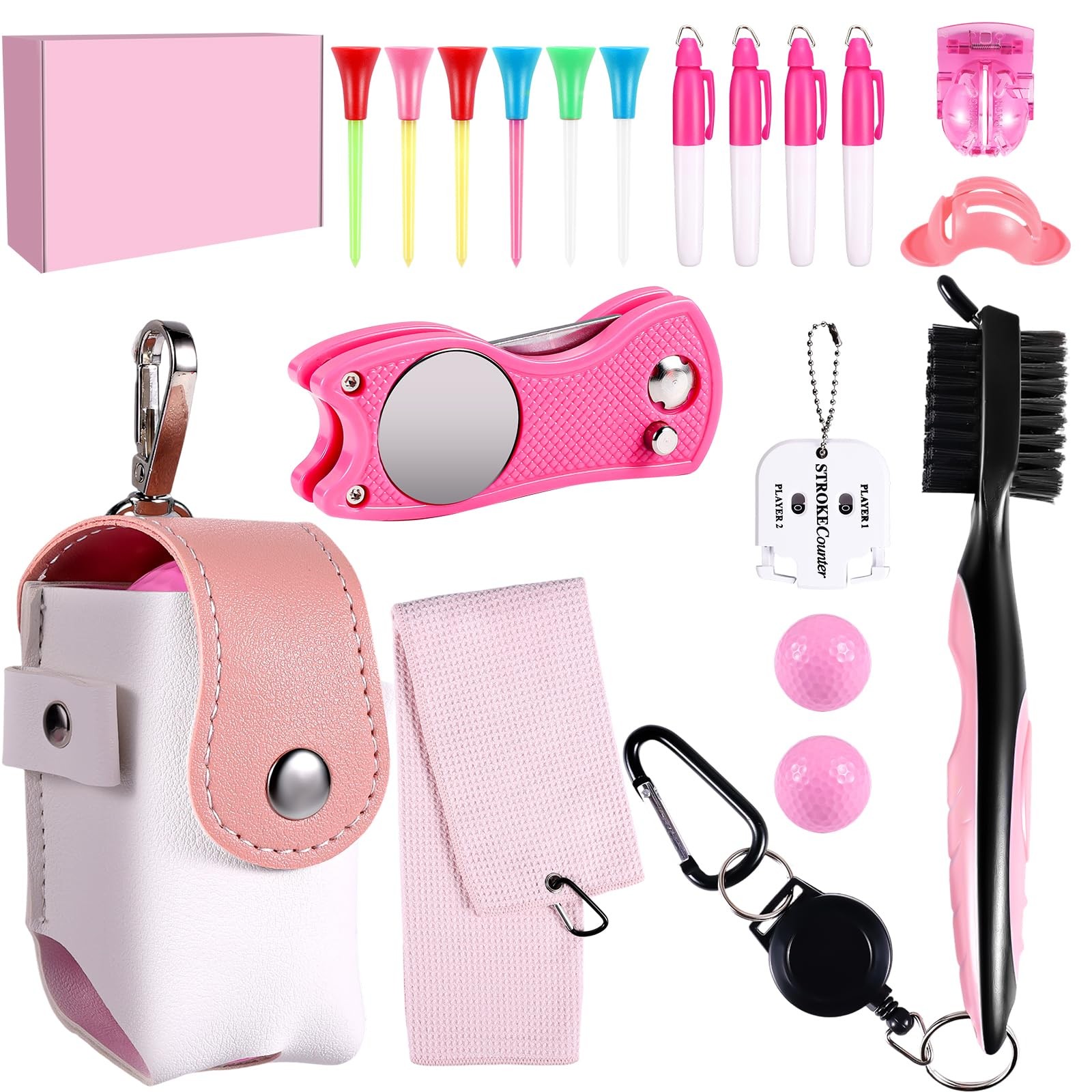 Pink Golf Accessories Kit Towel Brush Groove Sharpener Divot Tool 18 PCS