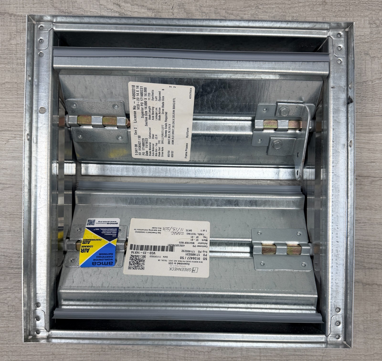 Greenheck VCD-23 14” x 14” Volume Control Damper Opposed Blade Galvanized