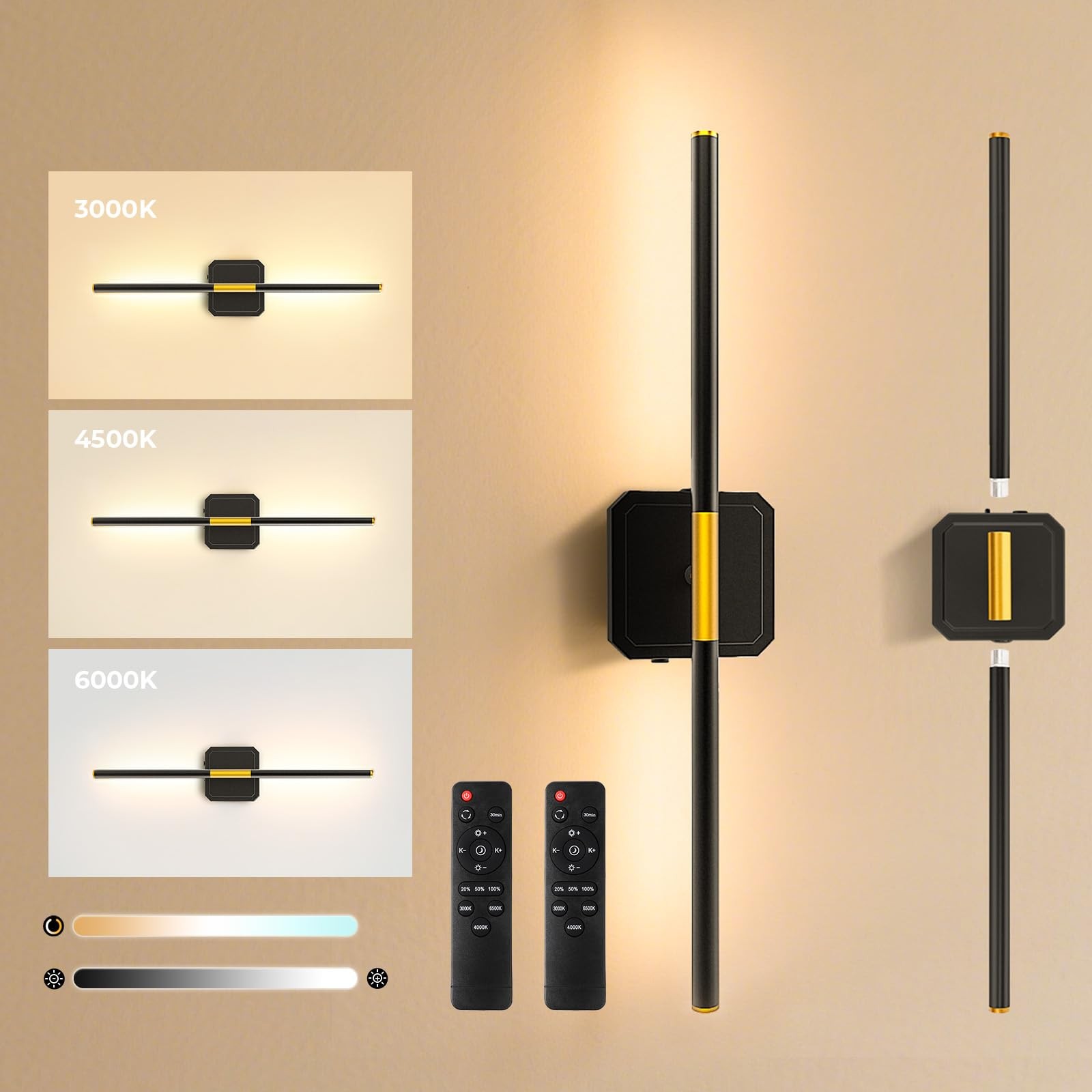Battery Operated Wall Sconces Set of 2, Detachable 360°Rotate Wall Lamps, 300...