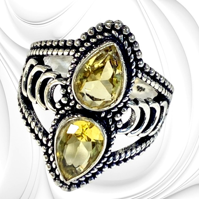 Citrine Double Teardrop Gemstone Boho Ethnic Ring Handmade Stamped 925   Size 11