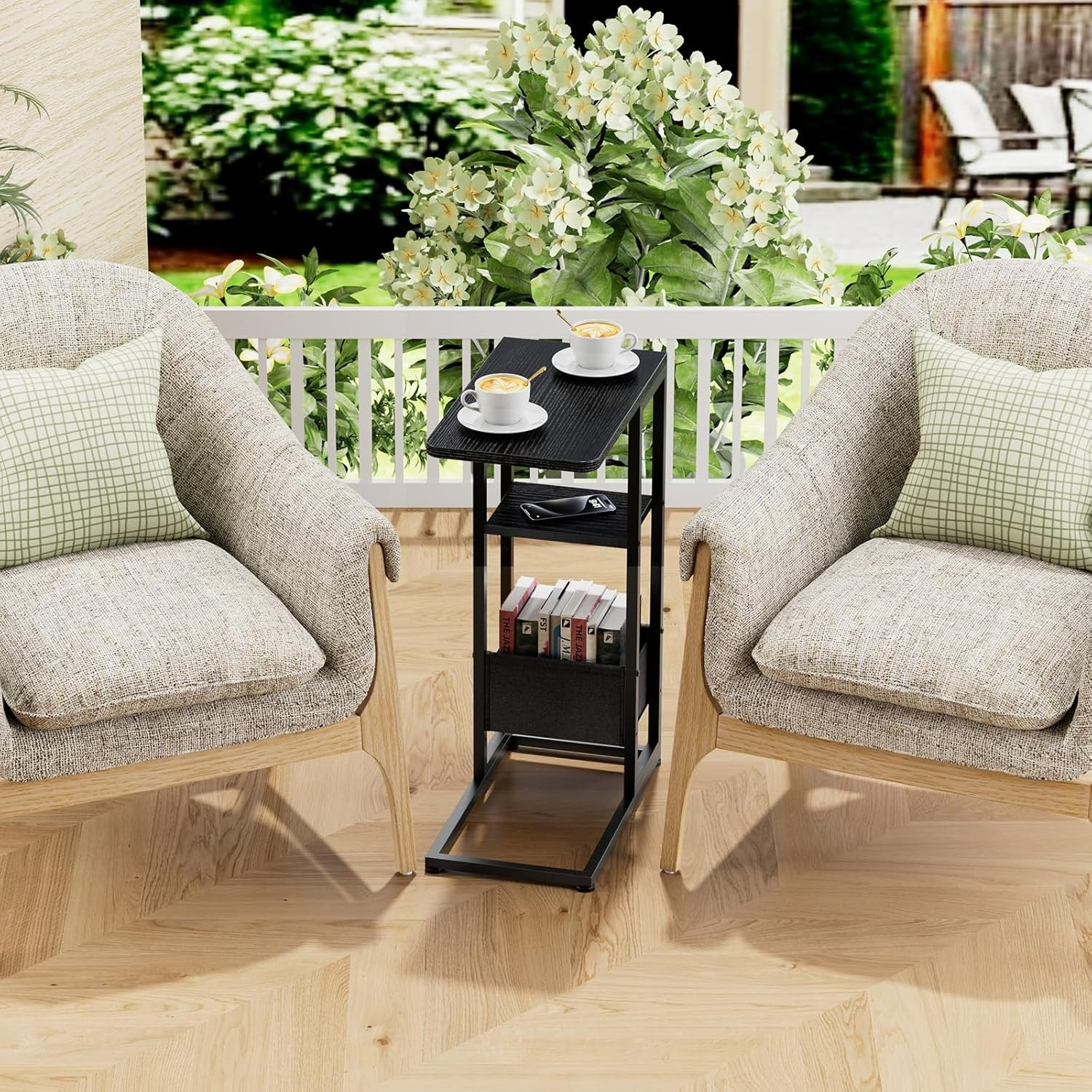 C Shaped End Table, Small Side Table for Couch, Recliner with Storage Bag