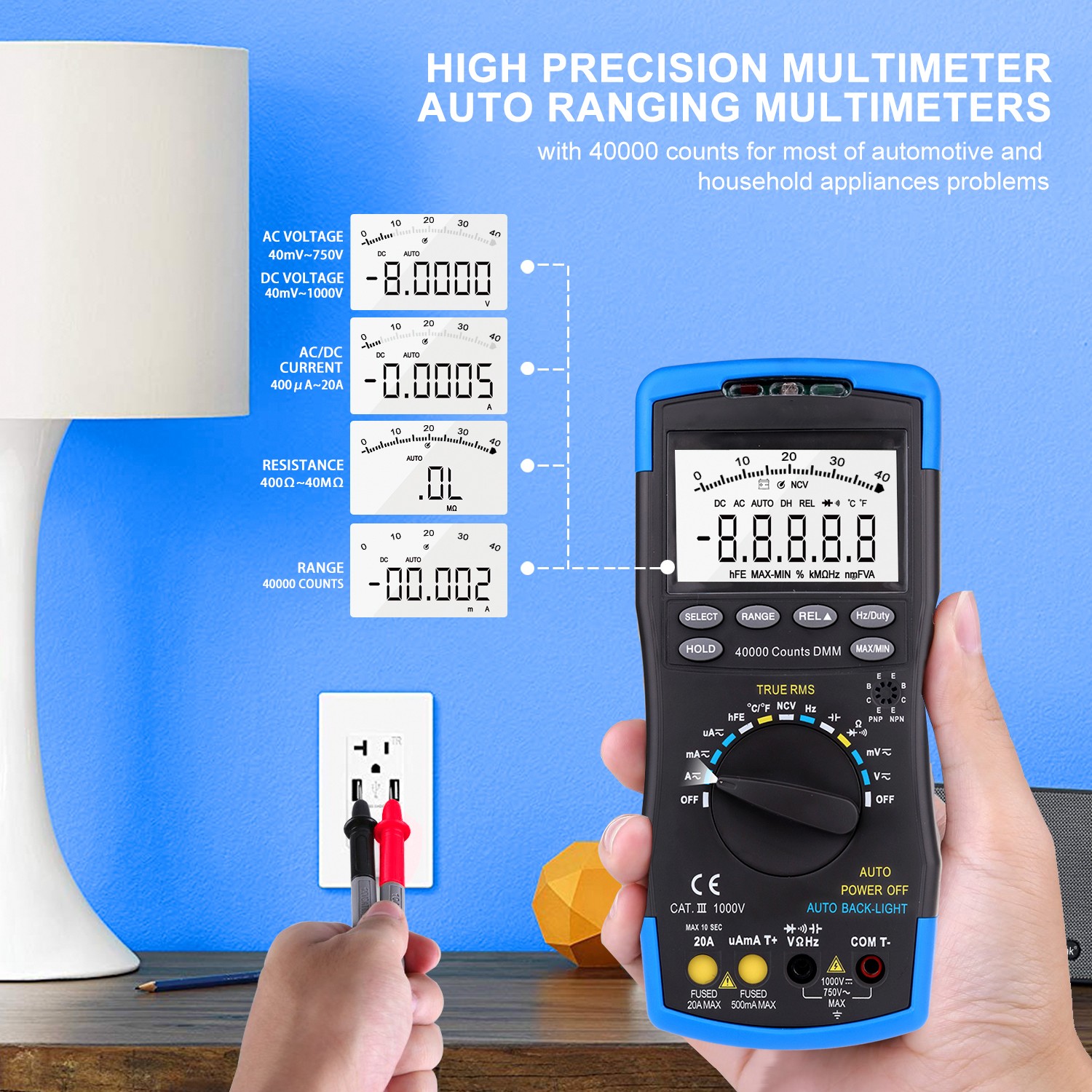 770D Multimeter 40000 Count TRMS AC DC Volt Apm Meter NCV hFE Continuity Test