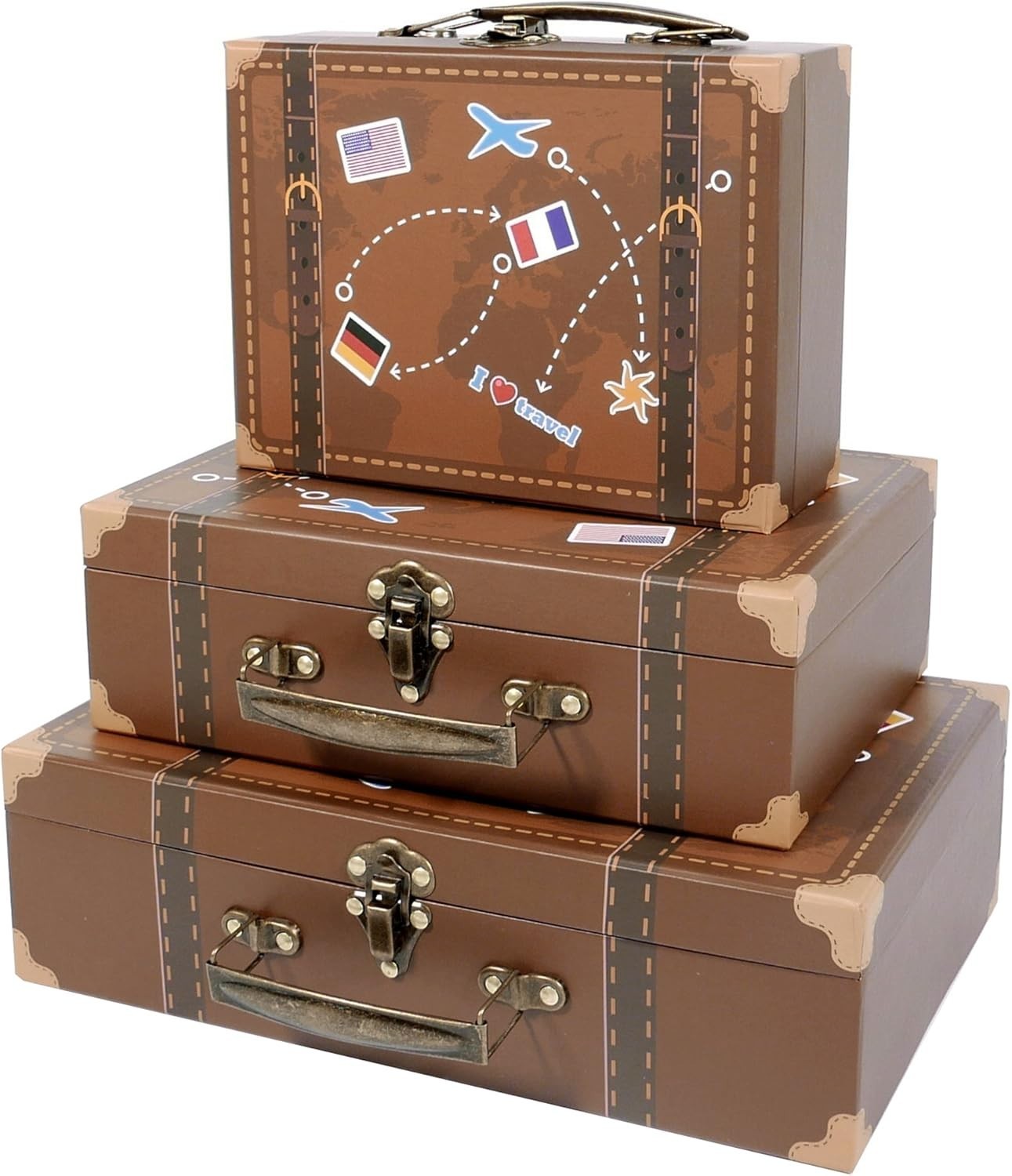 3 Vintage Decorative Suitcases Trunk Retro Wood Leather Antique Storage