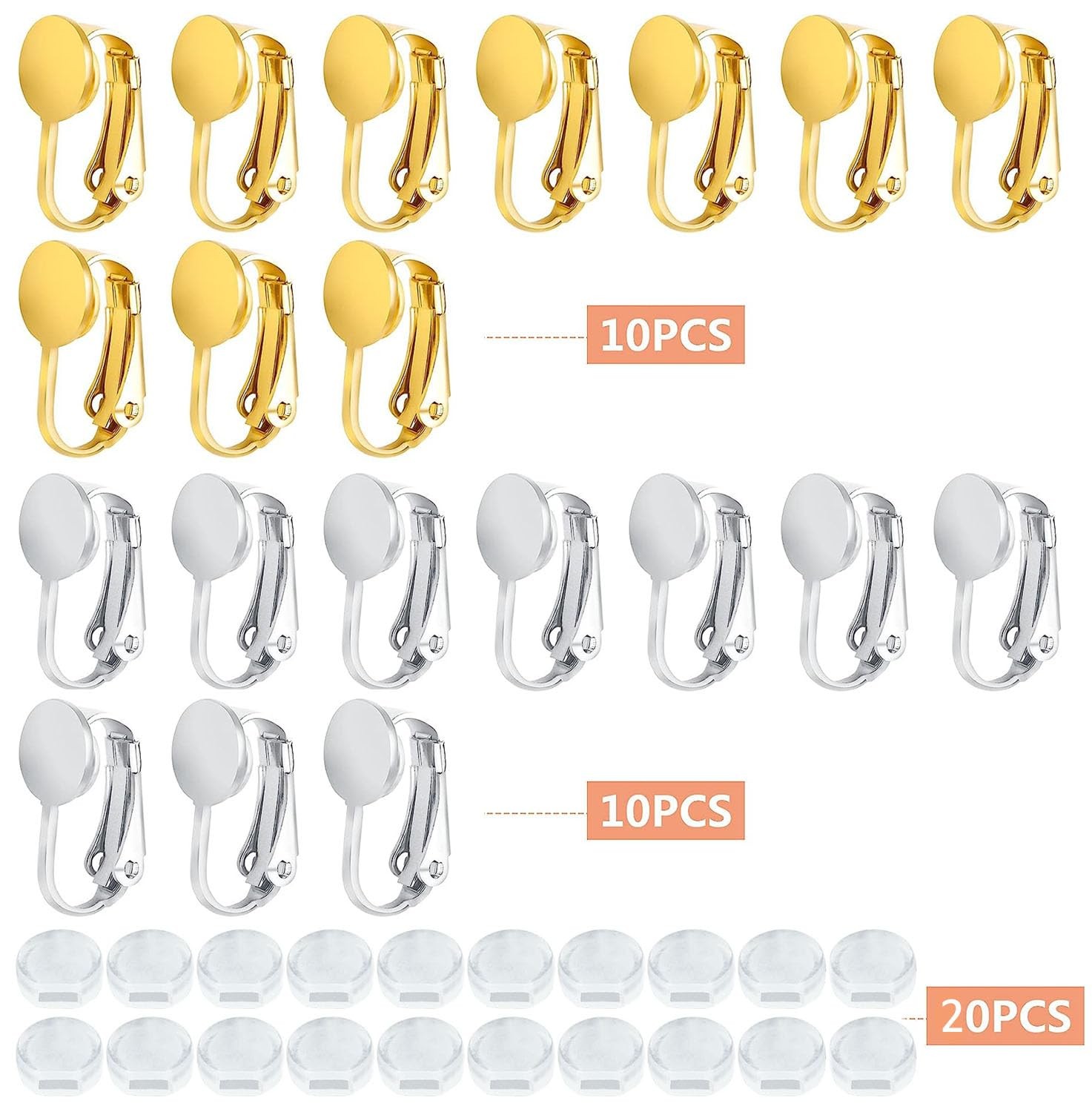 20pcs Clip-on Earring Converters Brass Round Flat Back Tray Earring Clips Com...