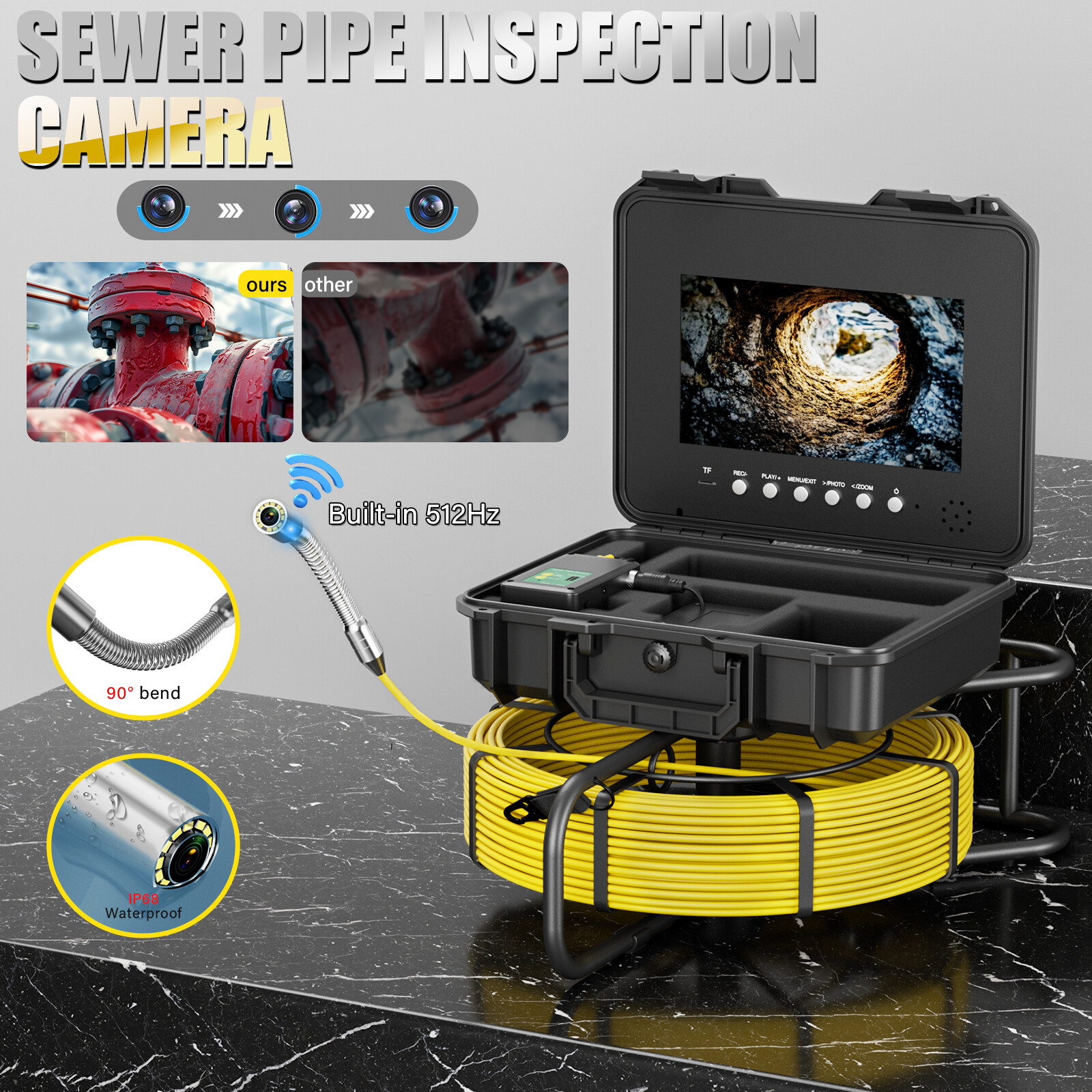 10inch Sewer Camera 80m/262ft Pipe Inspection Camera 512hz Sonde Self Leveling