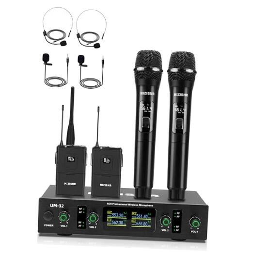 Lapel Wireless Microphone System with Headset & Lavalier Mics, 4 Channel UHF