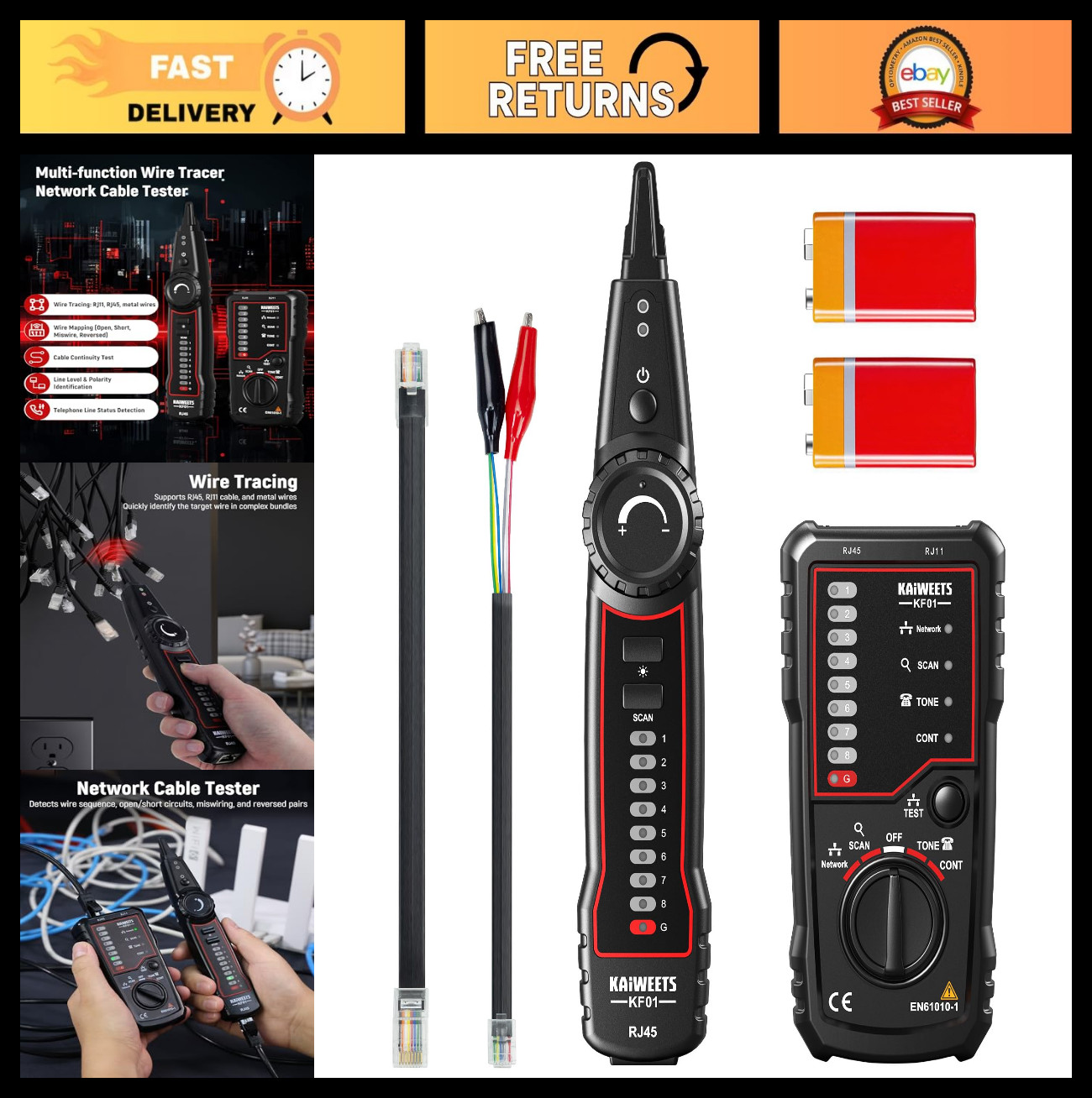 Network Cable Tester RJ45 RJ11 Wire Tracer Tone Generator Probe Kit Ethernet LAN