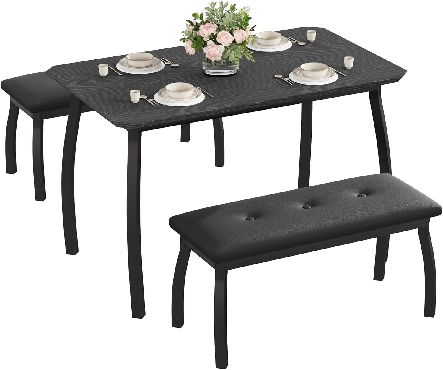3PCS 43" Dining Table W 2 Upholstered Benches Industrial Kitchen Furniture Set