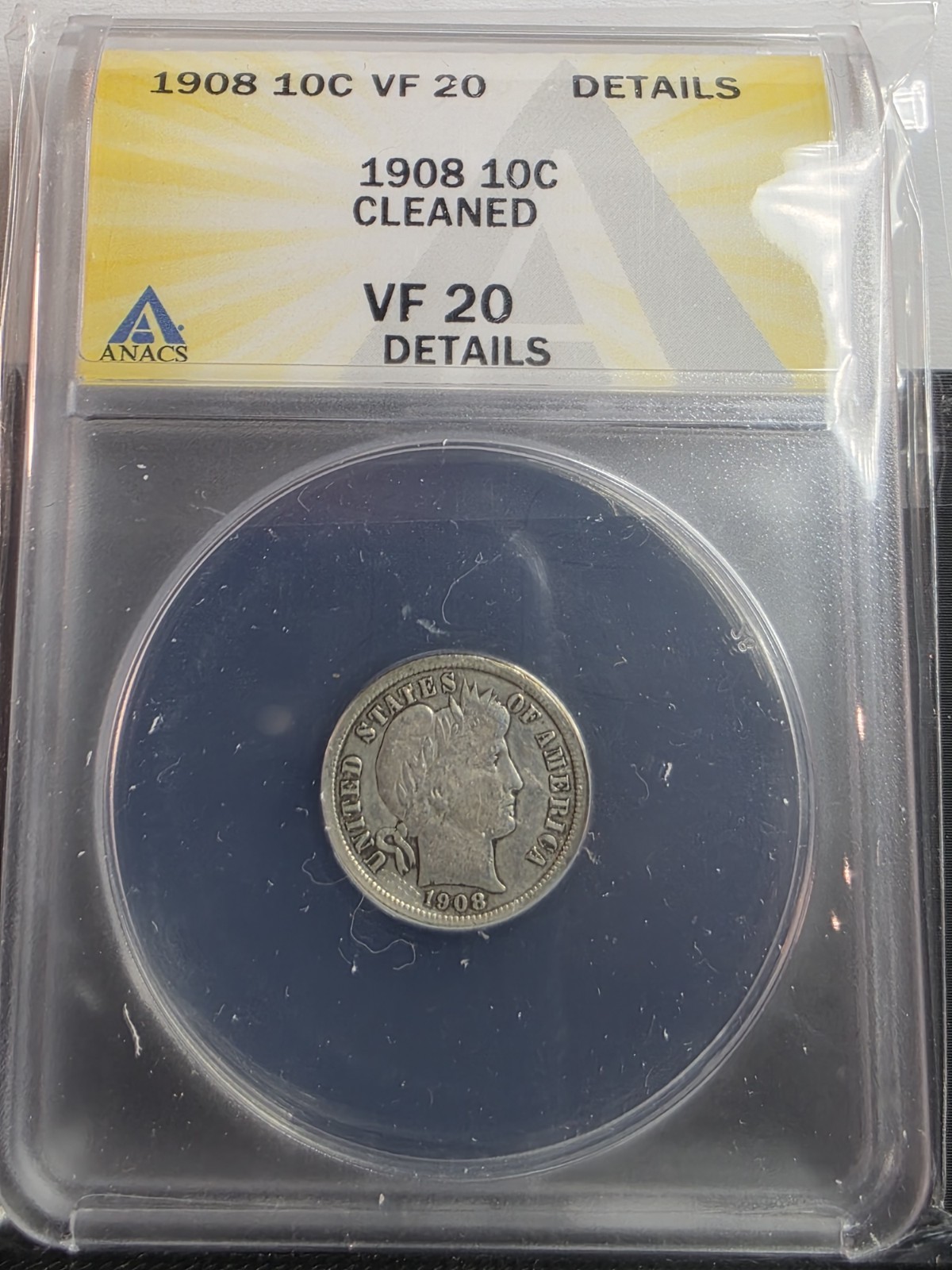 1908 Barber Dime ANACS VF 20 Detail