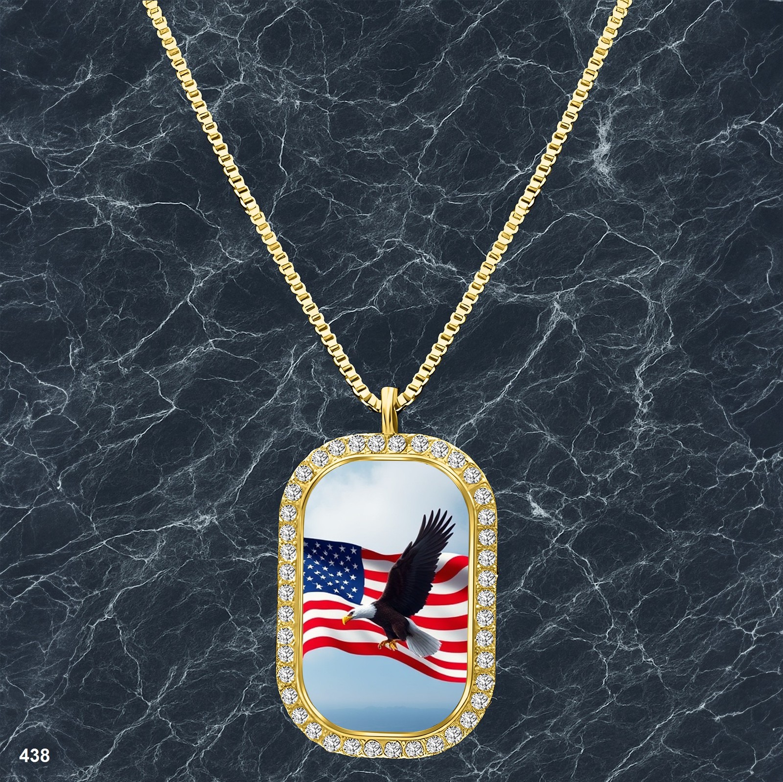 Stunning USA American Flag Pendant Necklace Picture Design Radiant Gold Tone Pre