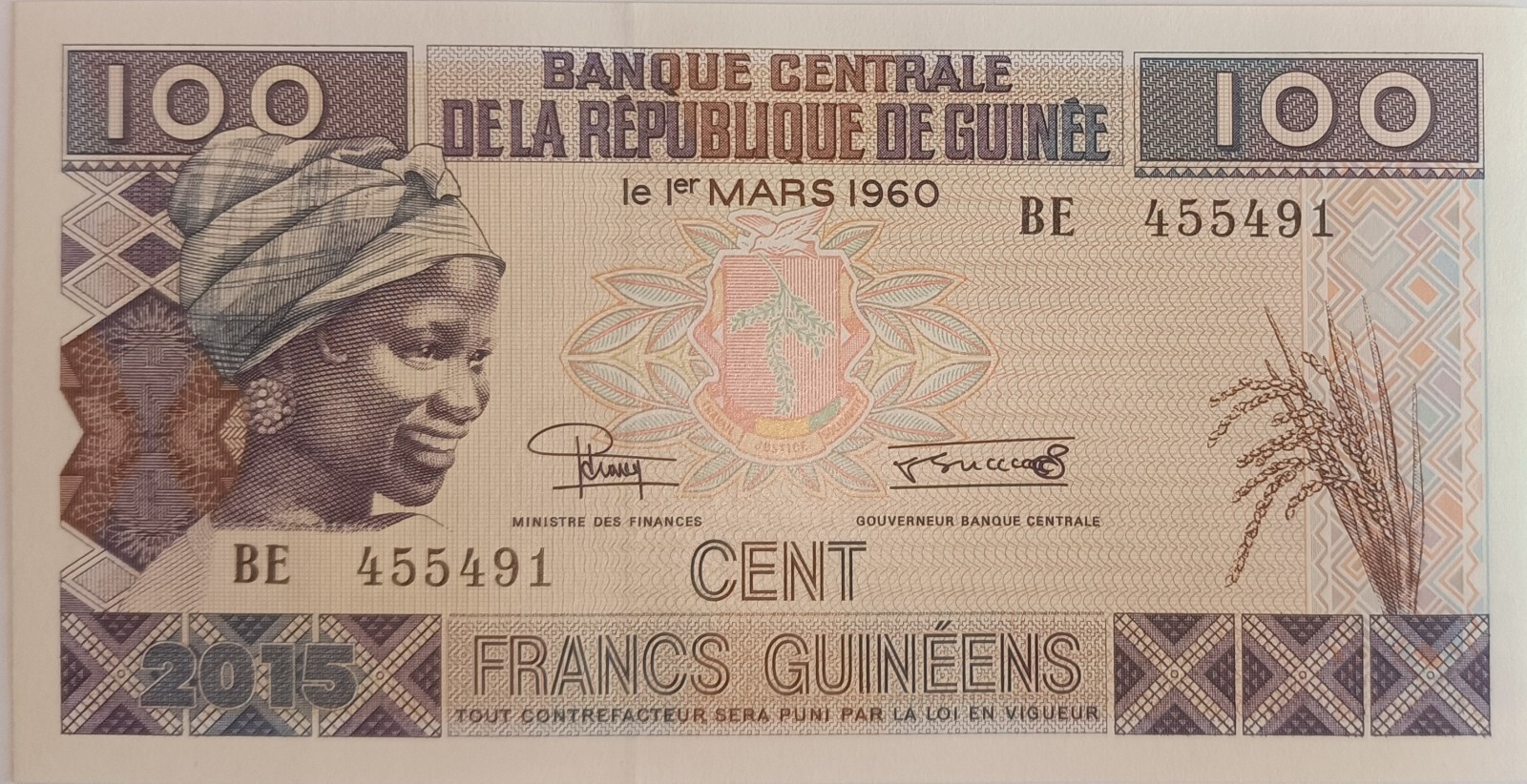Guinea: P#A47 1 x 100 Francs 2015 Uncirculated Banknote