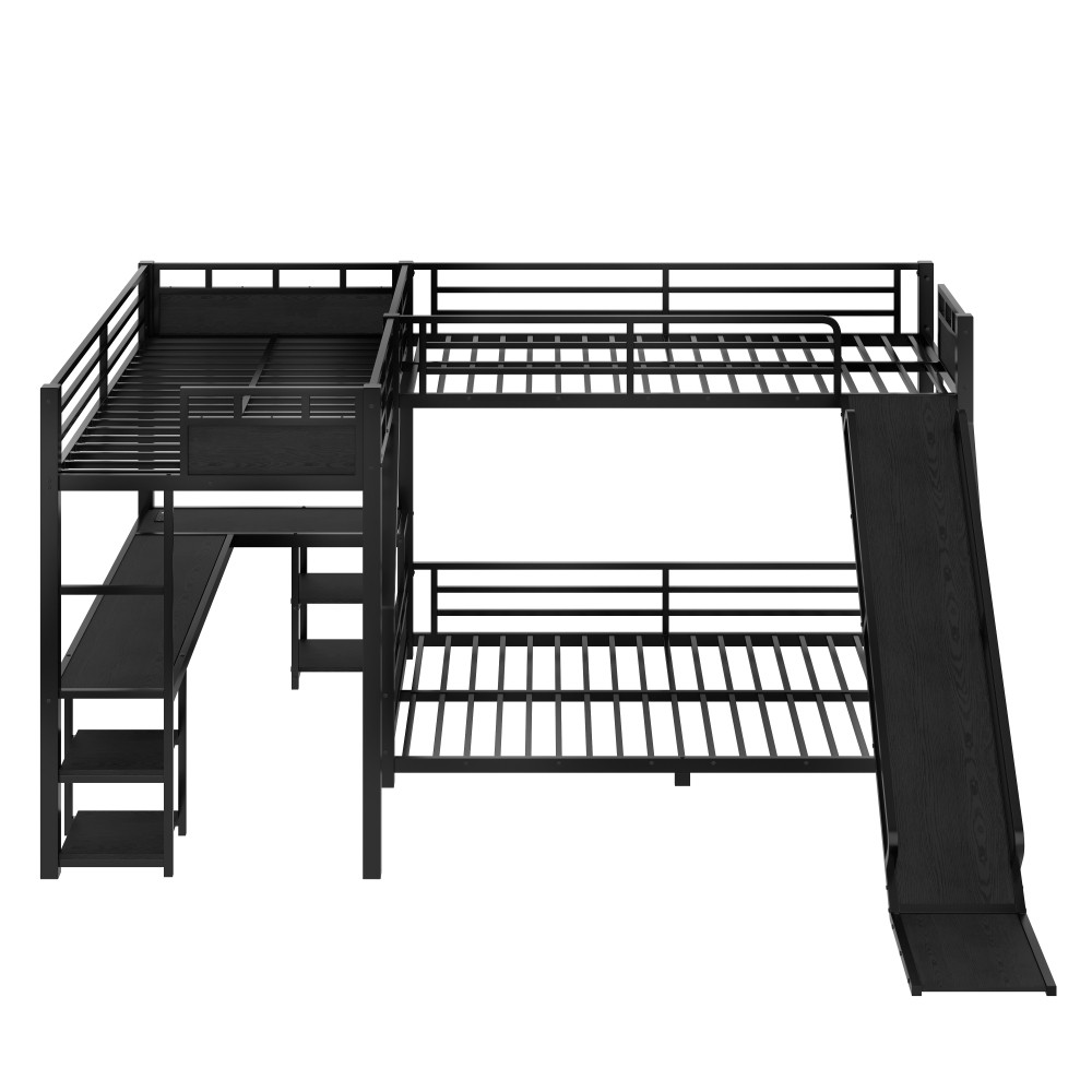L-Shaped Metal Bunk Bed with Single Loft Bed, Desk, Storage, USB Charging Port