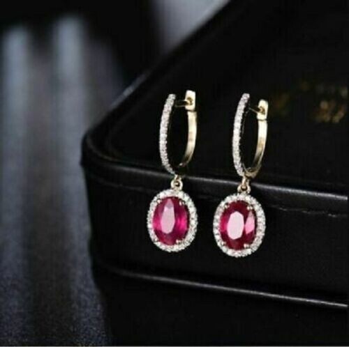 4.20Ct Lab Created Red Ruby Halo Drop & Dangle Earrings 14K Yellow Gold Finish